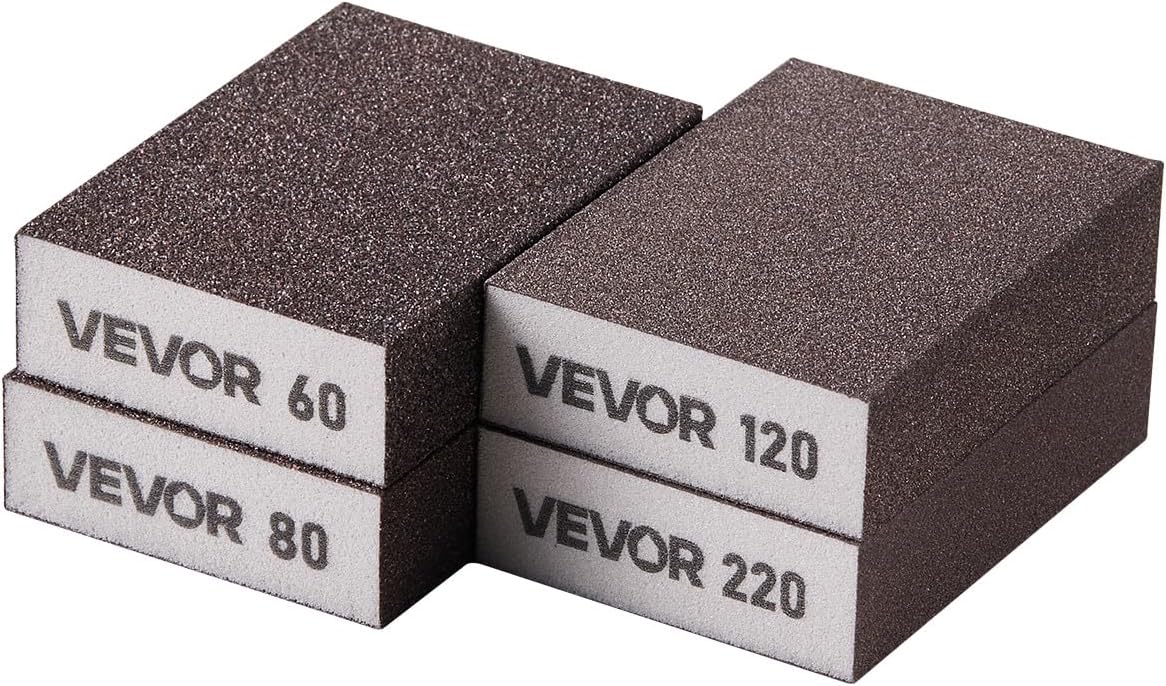 VEVOR Sanding Sponge, 4 Pcs, 60/80/120/220 Grit Assortment, Washable and Reusable Sanding Blocks for Dry & Wet Use, Coarse to Fine Sandpaper Blocks, for Polishing Drywall Wood Plastic Metal Furniture
