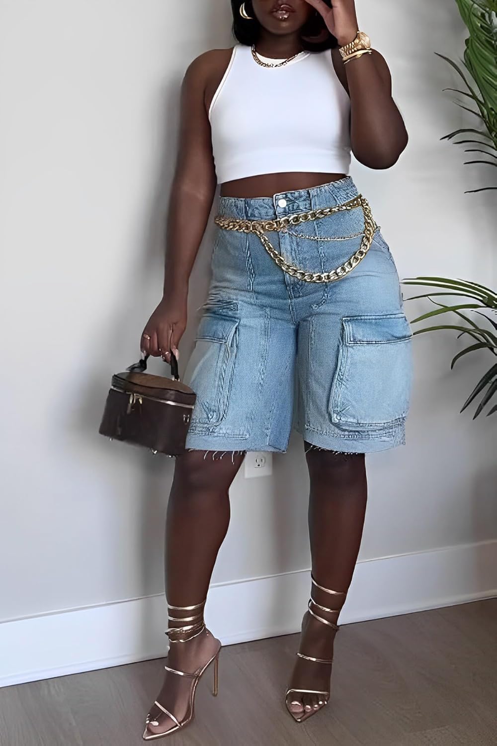 Unybwonn Women Denim Shorts High Waisted Distressed Straight Leg Cargo Shorts Casual Cargo Jean Shorts with Pockets - Image 3