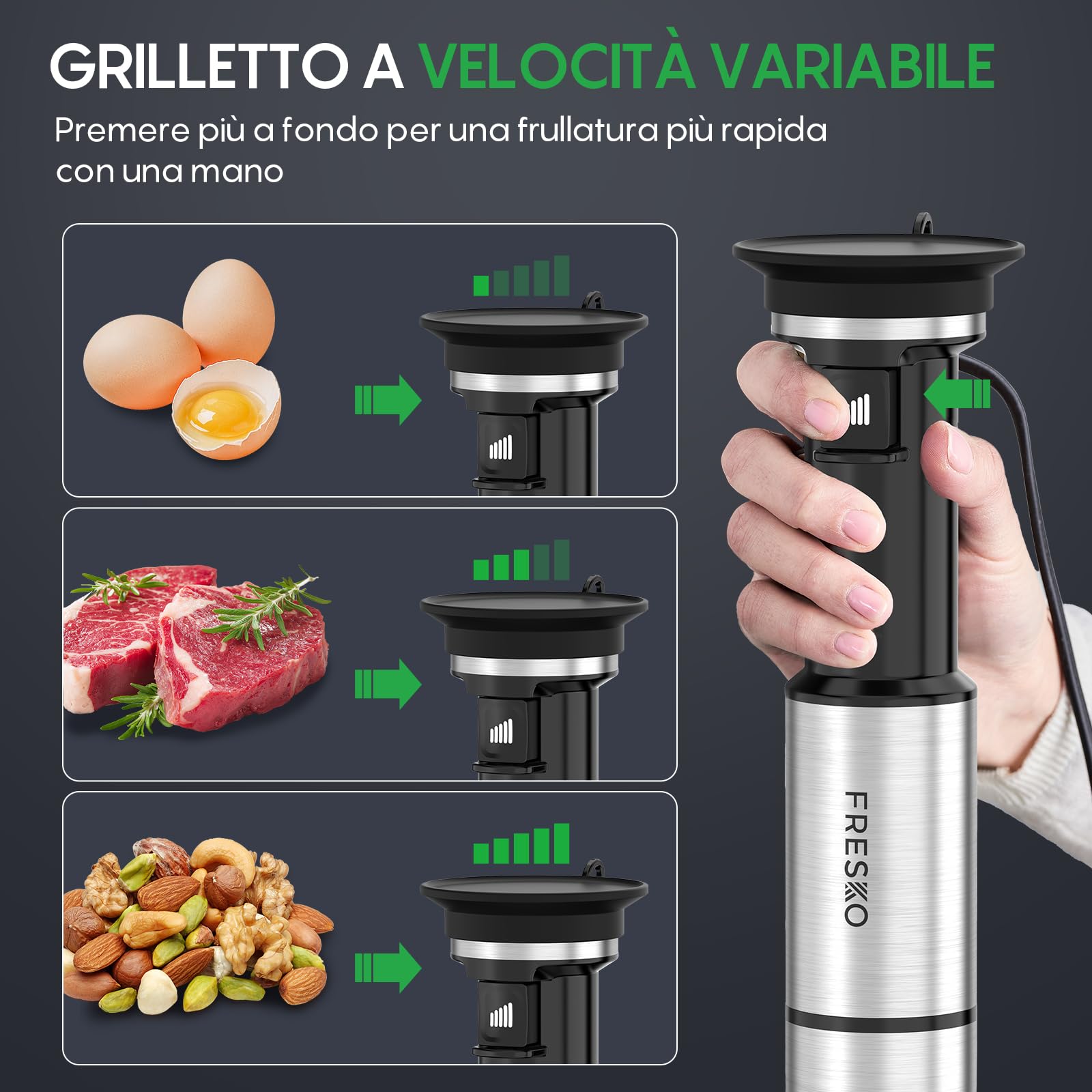 FRESKO Frullatore a Immersione 1000W, Velocità Regolabile, Frullatore in Acciaio Inox con Protezione per Pentole, 4 Accessori, Frullatore Manuale per Alimenti per Bambini, Zuppe, Smoothies