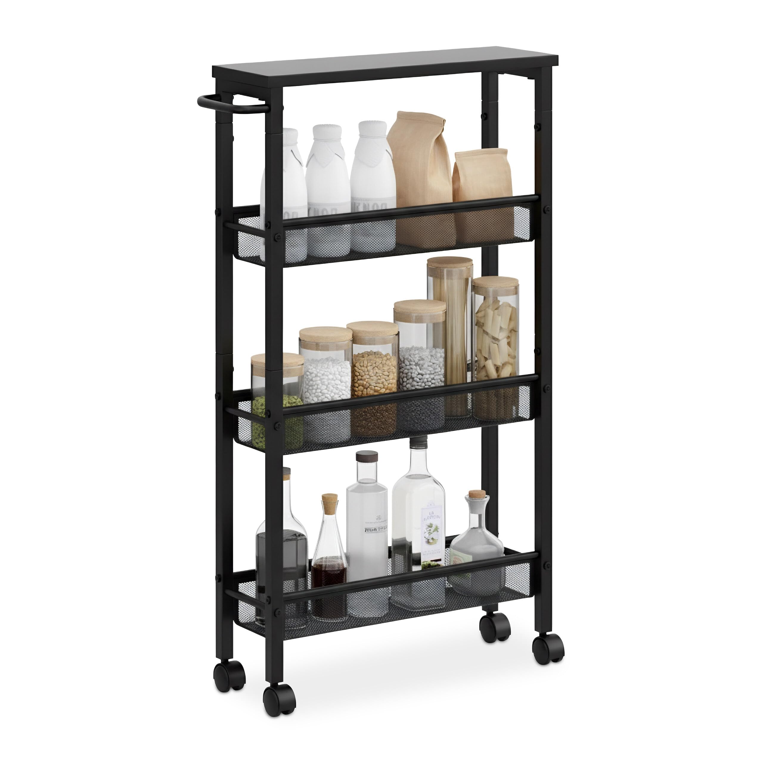 Carro para nichos Relaxdays, 77 x 13 x 45,5 cm, estantería Estrecha para baño y Cocina, 4 Niveles, con Ruedas, Negra