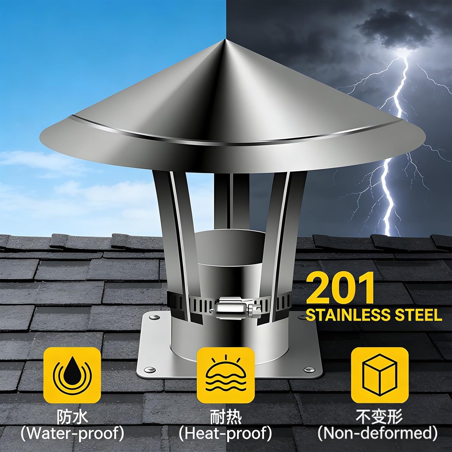 6 inch Chimney Cap Stainless Steel Stove Pipe Cap, 8 10 12 4 2 inch Outside Chimney Rain Cap, Round Roof Vent Cover for Fireplace(300mm/11.8in)