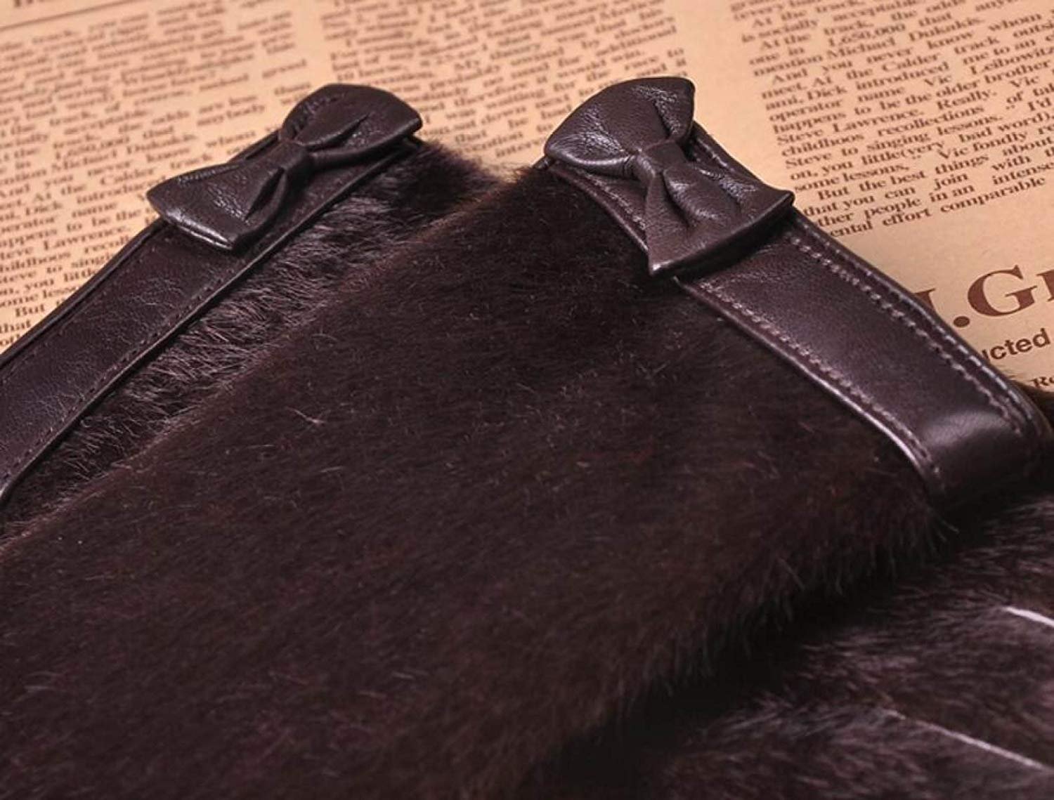 Unisex-Dorosłe Rękawiczki Damskie Zamszowe Rękawiczki Zimowe Ciepłe Proste Kokardki Modne Efektowne Puszyste Skórzane Rękawiczki/Brown/S