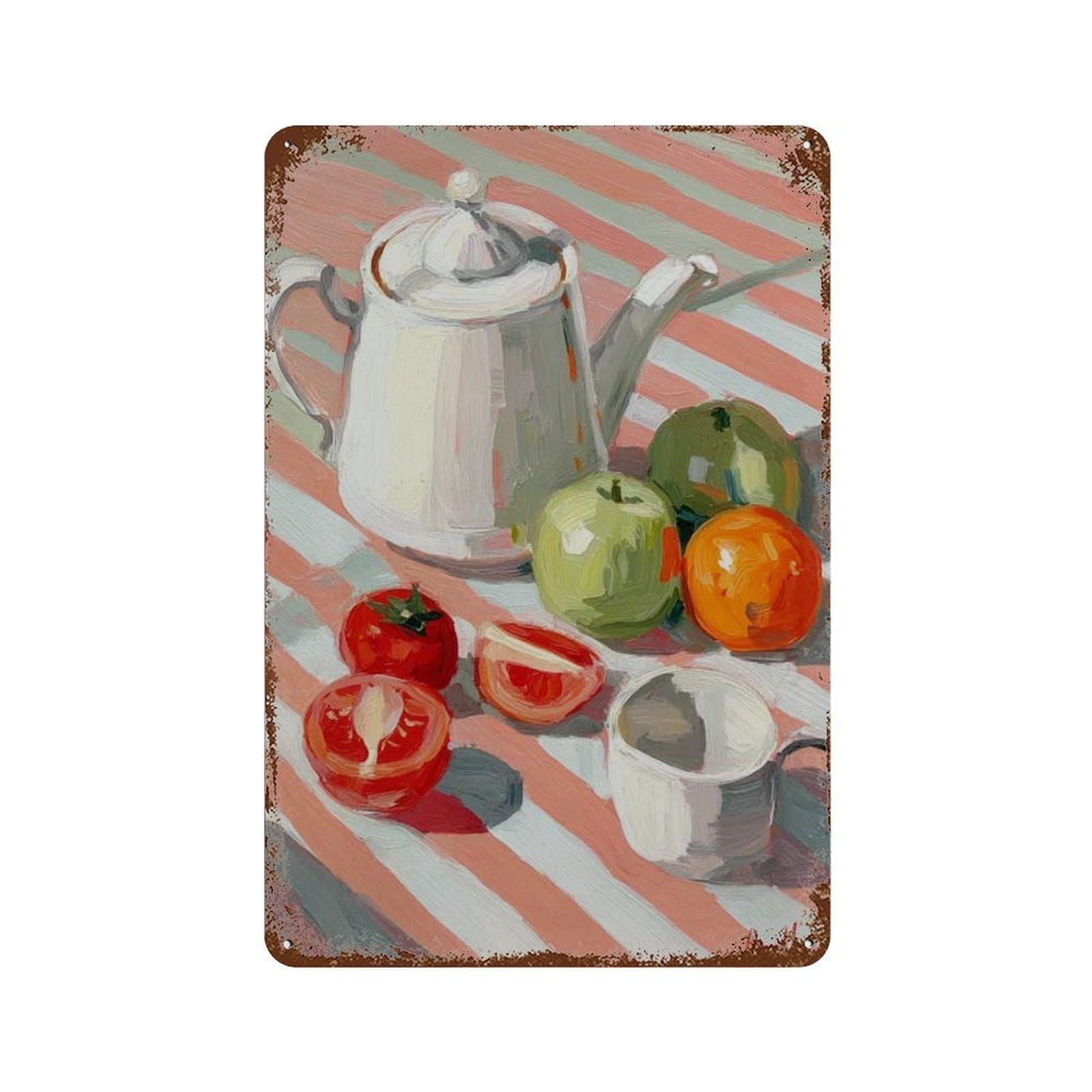 xiaoxiaoshen Still Life Impressionist Kitchen Fruit And Teapot Painting Colorful Modern Cafe Wall Decor Art Metal Tin Poster Modern Home Decor Art Home Bar Shop Decorations Vintage Sign 30x20cm