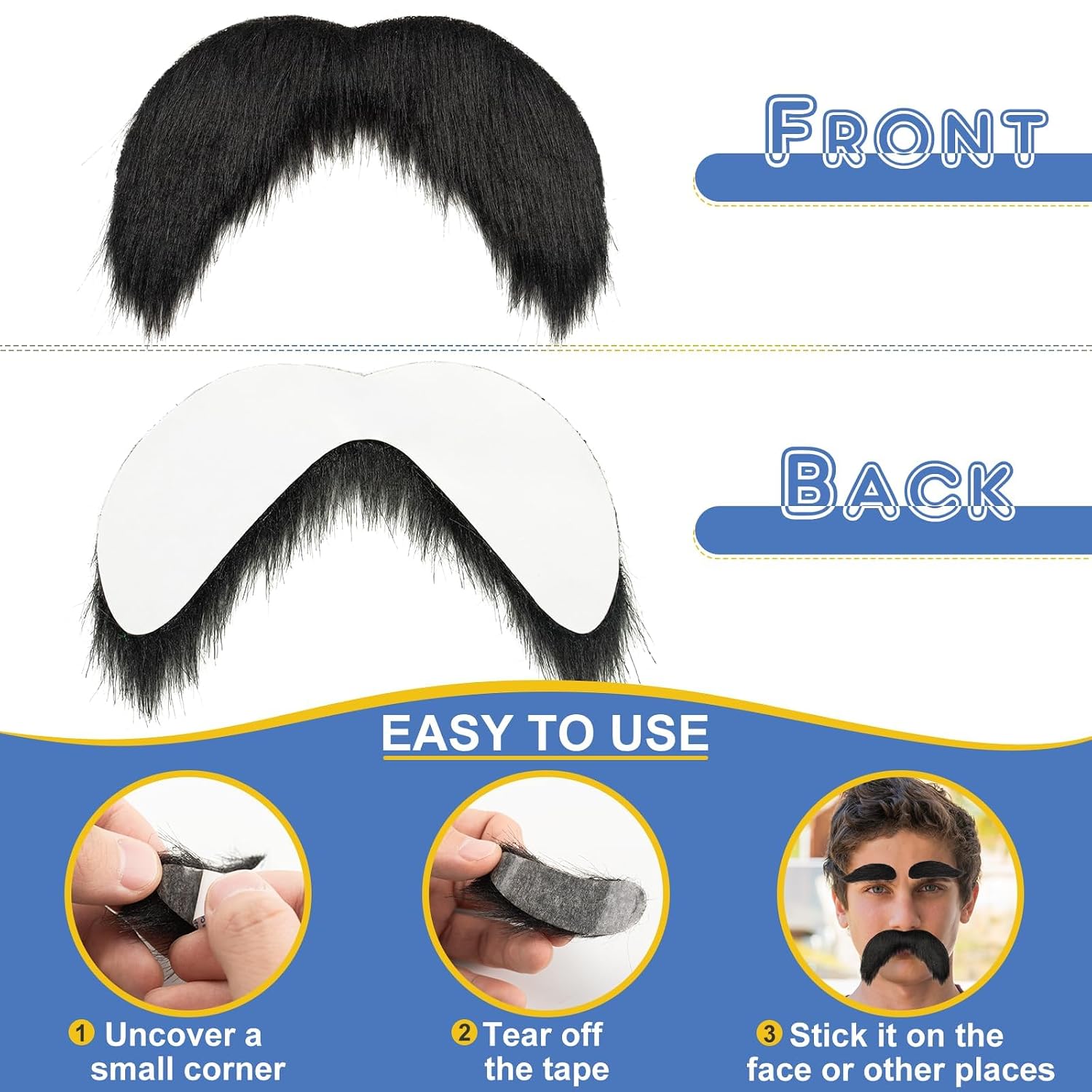 Black Fake Mustache and Eyebrows Set, Self Adhesive Fake Beard, Novelty Realistic Facial Hair for Cosplay Costume and Festival Party