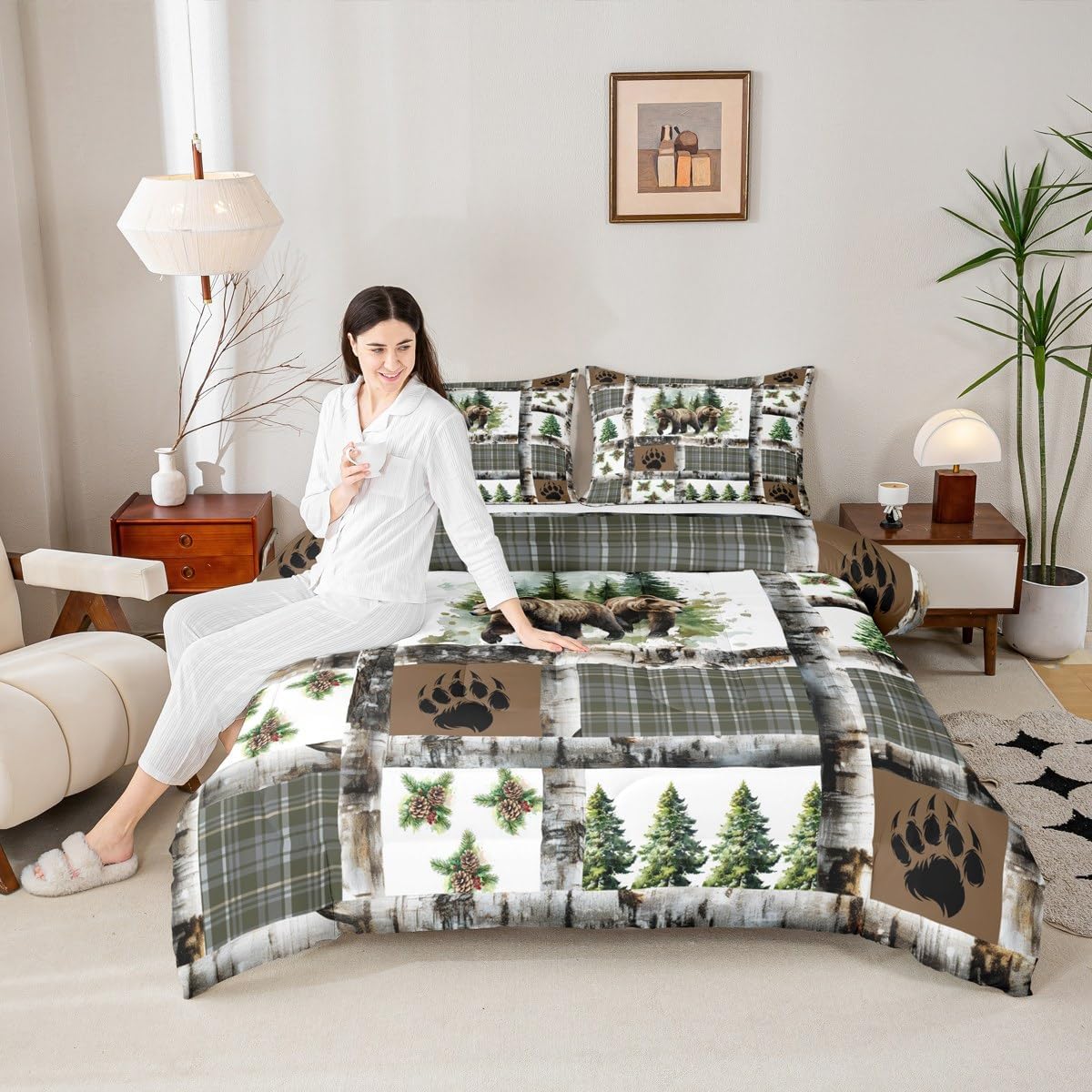 Feelyou Rustic Bear Bedding Set Hunting Theme Comforter Set for Kids Boys Girls Bear Paw Print Comforter Cabin Decor Quilt Set with 2 Pillowcases 3Pcs Bedding King