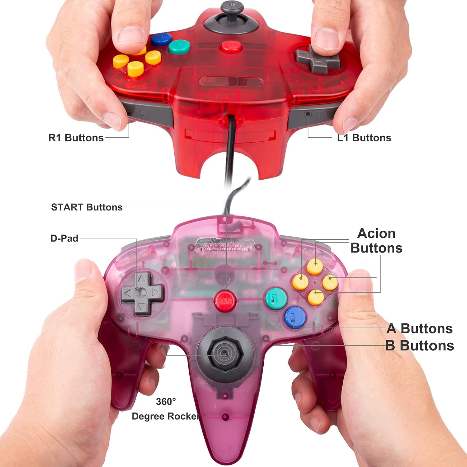 2 Pack Classic N64 Controllers, Retro Wired N64 64-bit Gamepad Joystick for Ultra 64 Video Game Console N64 System (Transparent Purple+Red)