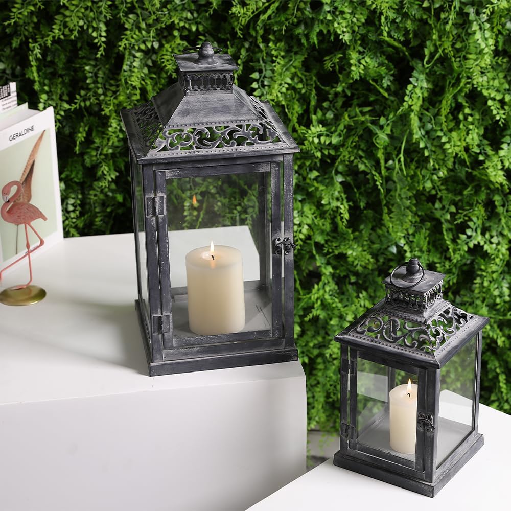 JHY DESIGN Set of 2 Antique Grey Brush Decorative Lanterns Metal Candle Lanterns for Indoor Outdoor Events Paritie and Weddings Vintage Style Hanging Lantern(with Glass)