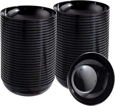 bUCLA 50Pack Black Plastic Bowls - 10oz Disposable Black Plastic Salsa/Serving Bowls - Ideal for Party & Graduation
