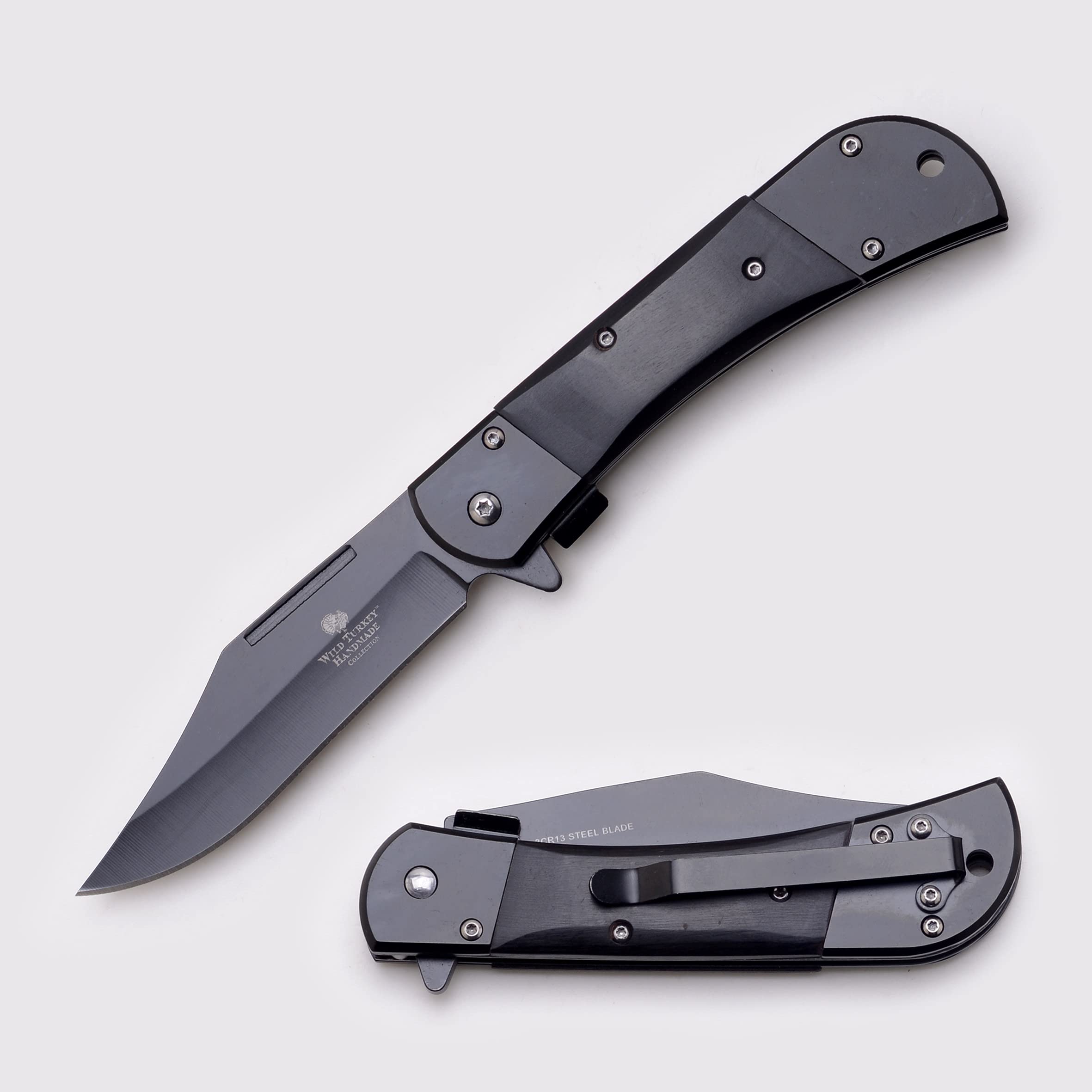 Wild Turkey Handmade Smooth Handle Folding Pocket Knife Hiking Camping Fishing - Razor Sharp Blade (Black)