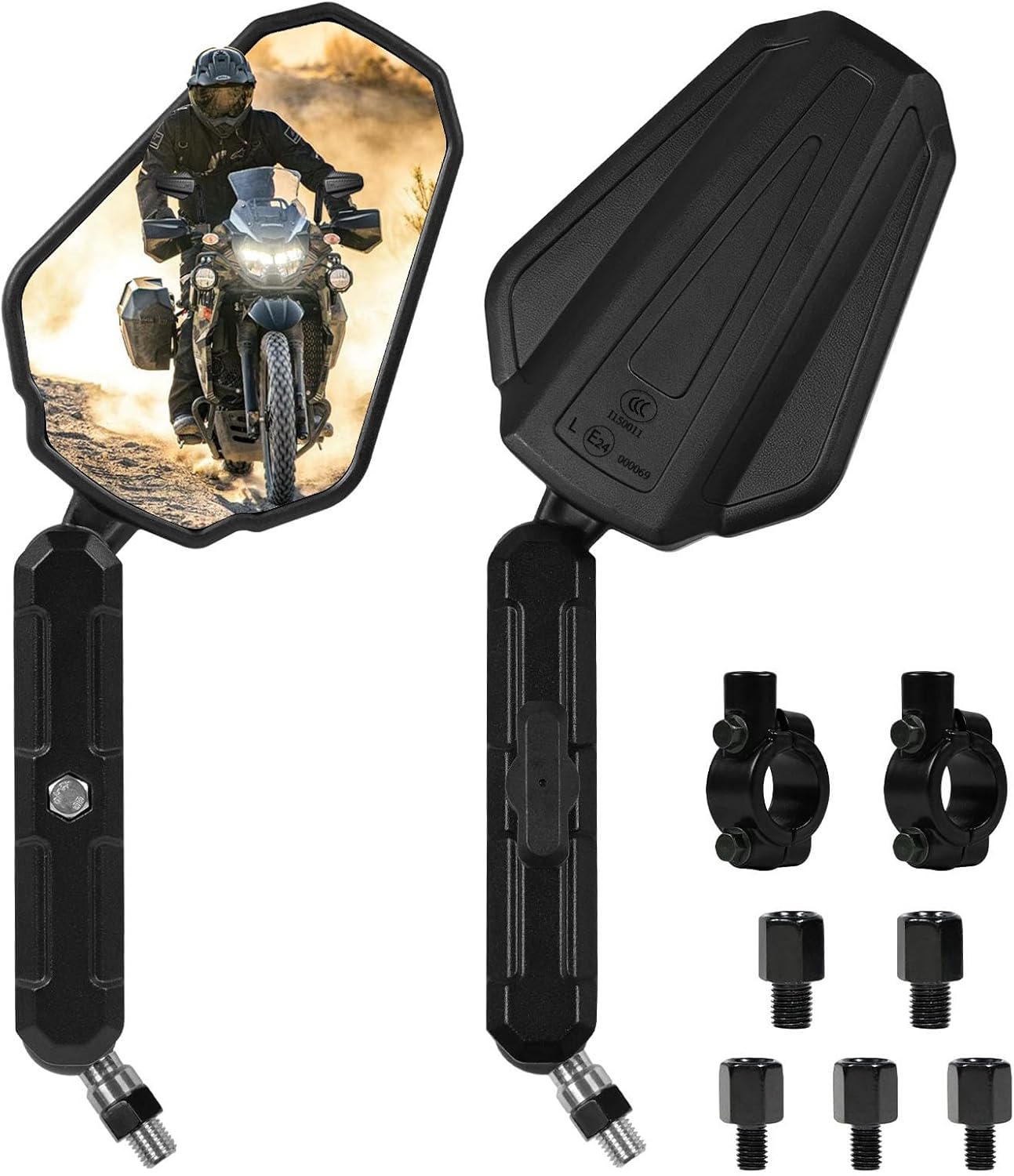 Adventure Motorcycle Mirrors - 360° Adjustable Foldable Rearview Mirrors with 7/8“ Handlebar Mount & M8 M10 Screws Fit for ATV, Scooter, Dirt Bike, Street Bike, Snowmobile and More