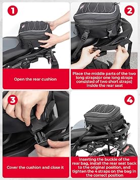KEMIMOTO Motorcycle Tail Bag, Dual Use Motorcycle Rear Seat Bag with Waterproof Rain Cover, 7-14L Expandable Motorbike Small Bag Luggage Storage Backpack with 6 straps & 1 shoulder strap