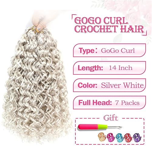 Miniatura 3 de Gogo Curl Crochet Hair - 14 pulgadas, 7 paquetes, onda profunda, rizo de playa, extensiones de cabello sintético trenzado (blanco plateado)