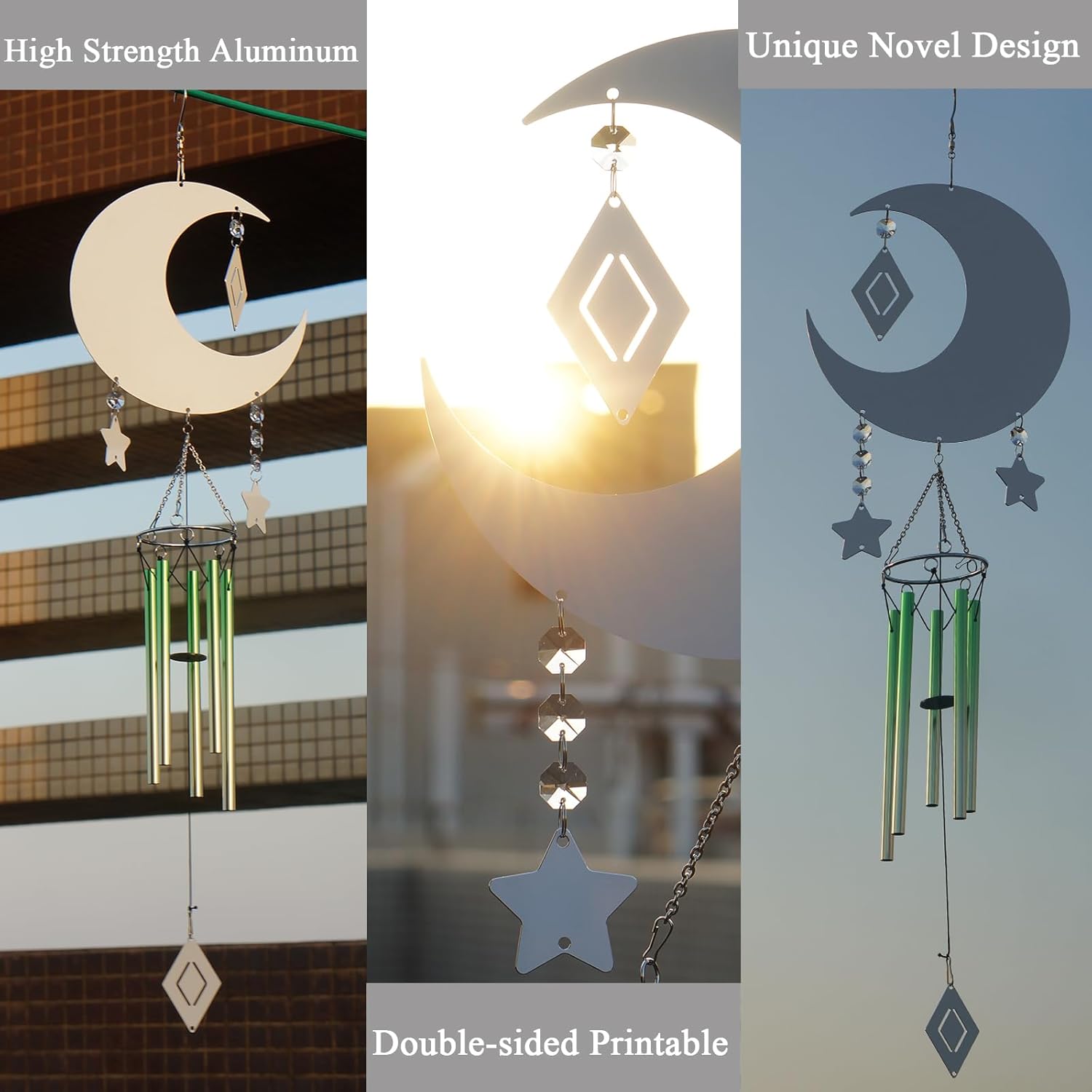 4 Packs Sublimation Wind Chime Wind Spinner Blanks Set 3D Aluminum Metal Wind Sculpture Kinetic Spinners Chimes for Yard and Garden Indoor Hanging Decoration (Moon)