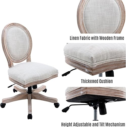 Miniatura 4 de LukeAlon Silla de oficina vintage de lino, silla giratoria de altura ajustable con marco de madera, silla de escritorio sin brazos con ruedas, silla