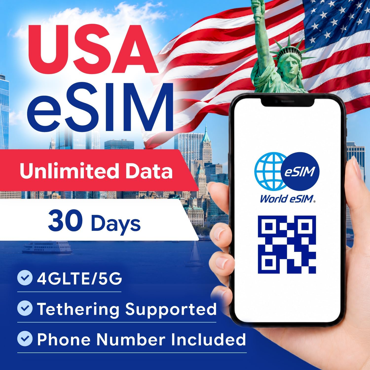 US Prepaid eSIM | Unlimited High-Speed Data | Phone Number Included | 5G/4G LTE | No Contract, No SIM Card Required | World eSIM