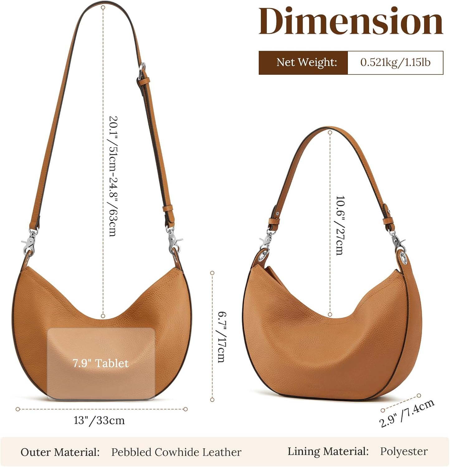 S-ZONE Leather Shoulder Bags for Women Soft Crossbody Bags Classic Crescent Purse Handbags with 2 Shoulder Straps - Image 4