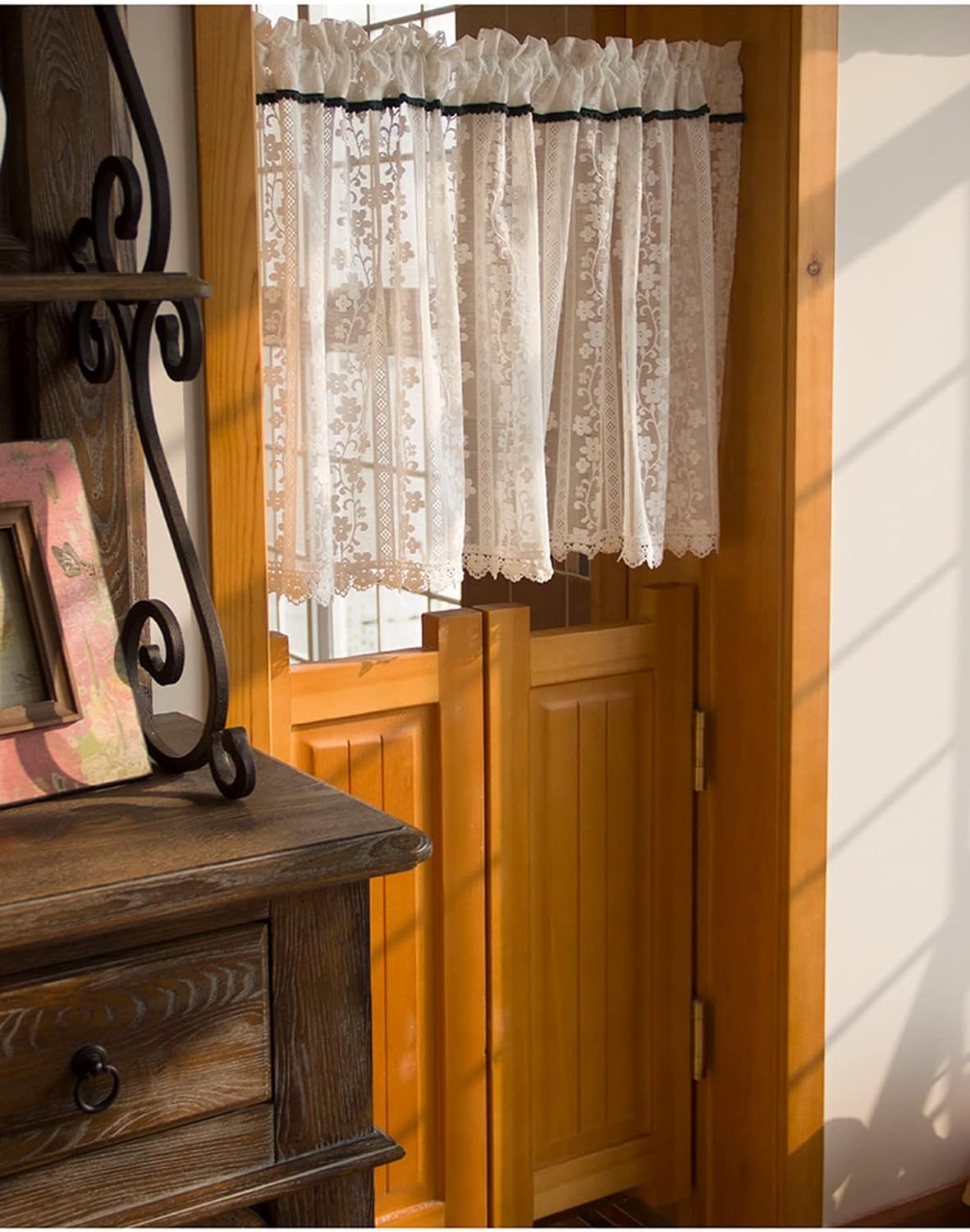 Short Curtain for Small Window White Transparent Voile Tulle Lace Flowers Textured Window Treatment Valance Panel Drapes Half Curtain for Kitchen Café Bedroom Cabinet Curtain Tier Curtain