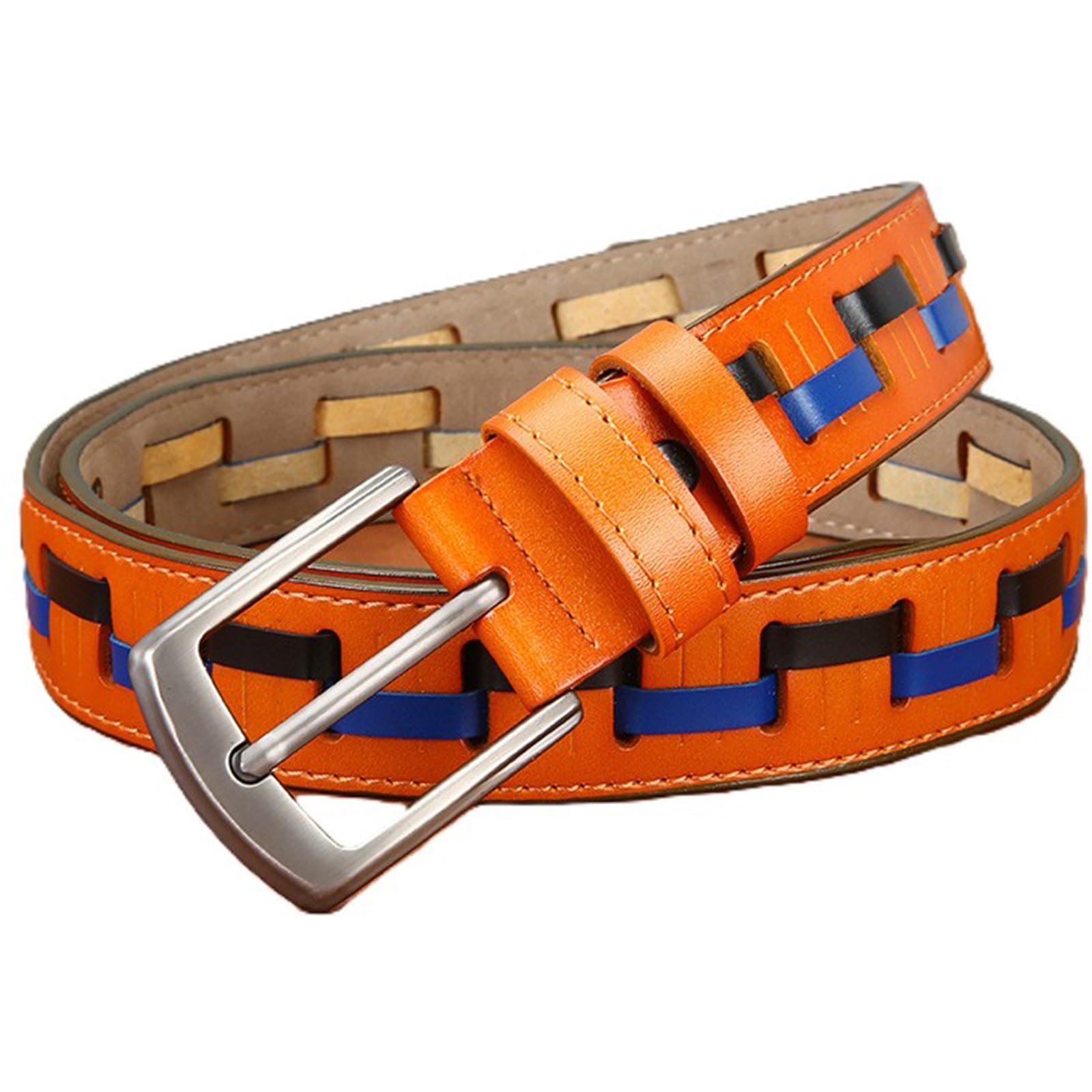 AGUTALITHIC Men Women Braided Stitched Leather Belt-Multicolored Splicing Woven Strap for Golf Work Casual Jeans Pants Shorts(120cm/47, Orange)