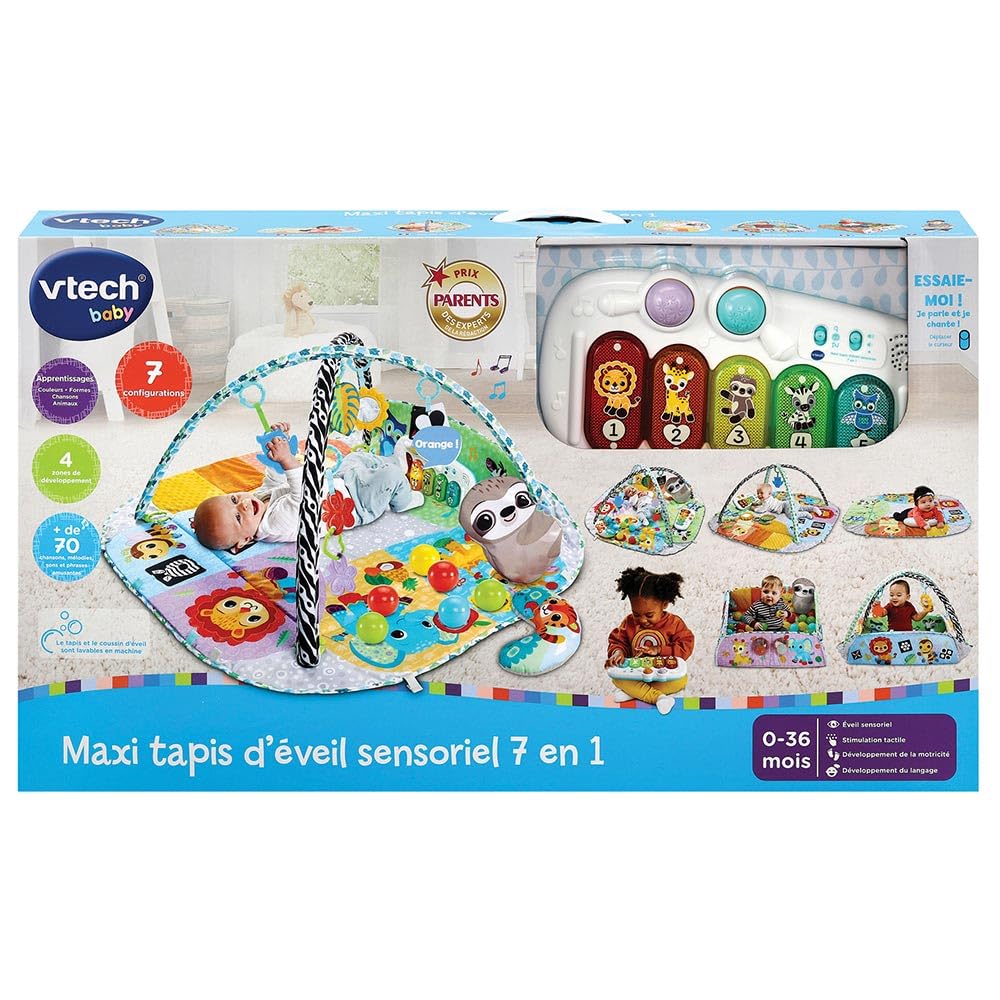 VTech - Maxi Tapis d'Éveil Sensoriel 7 en 1, Tapis d'Éveil Évolutif, Piscine à Balles, Jouet d'Activité et de Développement, Xylophone Lumineux, Hochets, Cadeau de Naissance - Contenu en Français