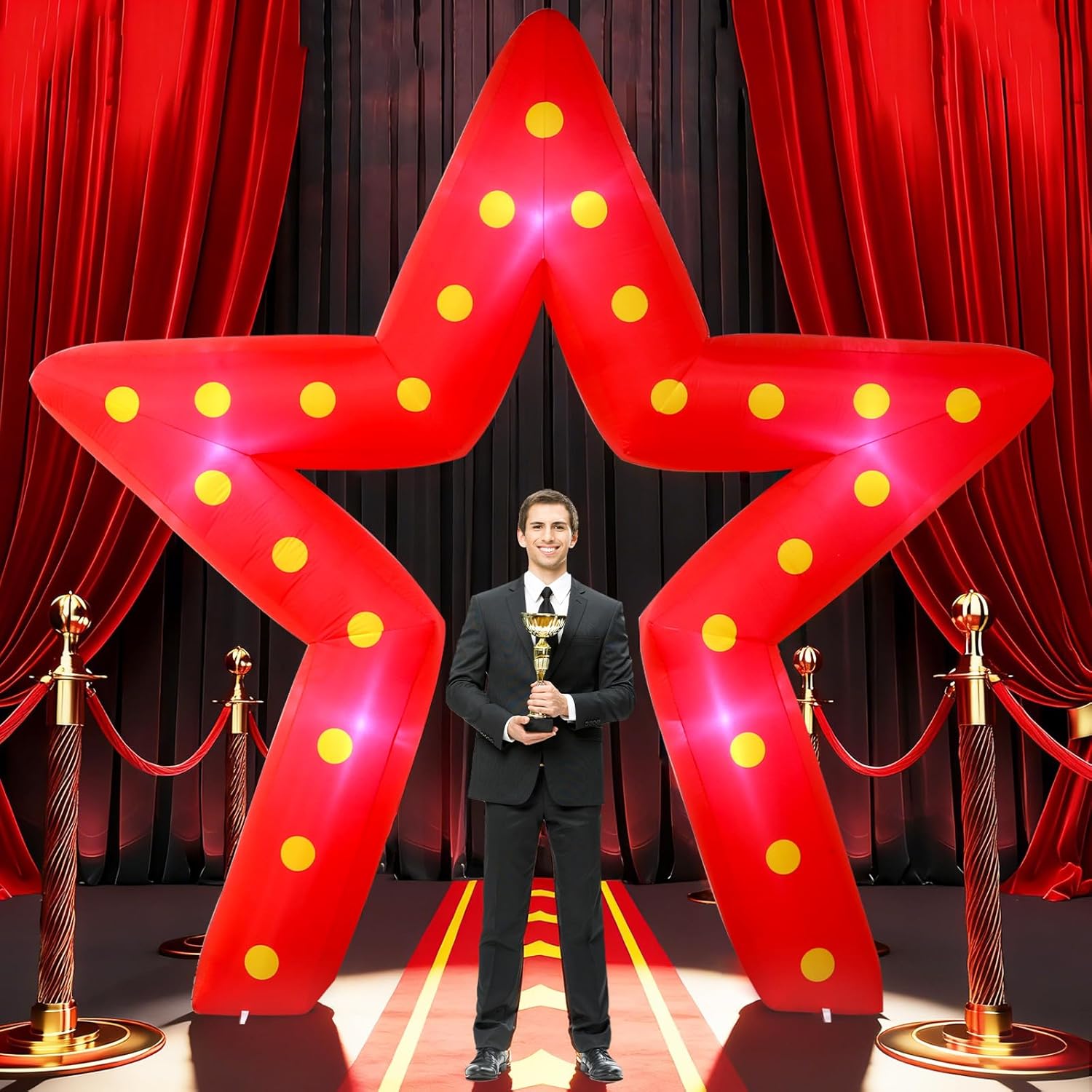 10FT Movie Night Star Outdoor Inflatable Decoration Giant Pentagram Archway with Built in LED Lights Red Runner Rug Movie Theme Blow Up Decor for Red Carpet Awards Birthday Party Yard Garden Decor