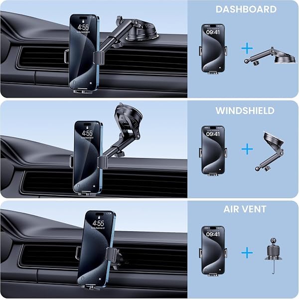 GUWEZ Phone Holder Car, 3-in-1 Universal Car Phone Holder Mount Windshield Dashboard Air Vent Cell Phone Car Mount Hands Free Car Phone Handlebar Mount Fit for iPhone Android Smartphone Gadget Accessories in use