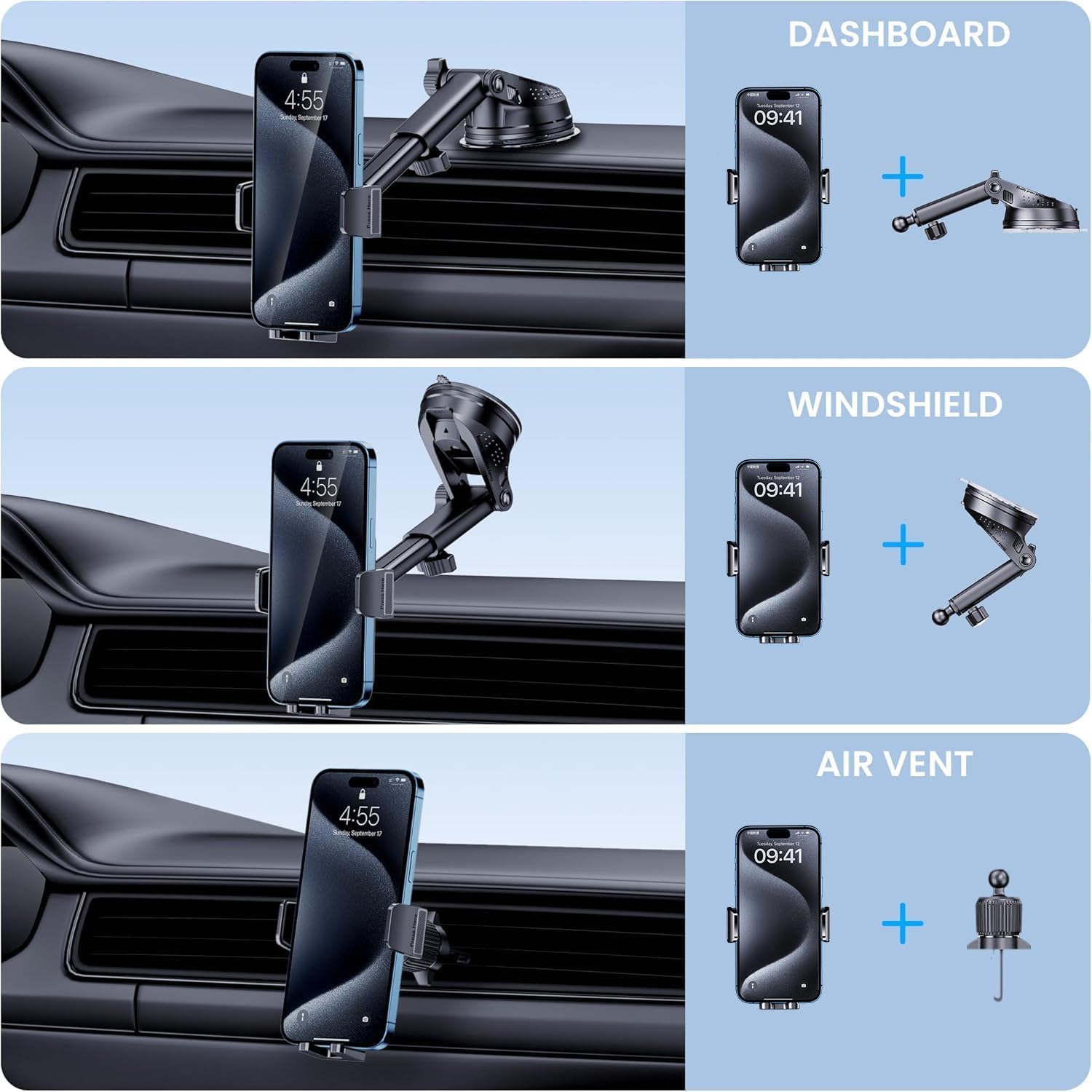 GUWEZ Phone Holder Car, 3-in-1 Universal Car Phone Holder Mount Windshield Dashboard Air Vent Cell Phone Car Mount Hands Free Car Phone Handlebar Mount Fit for iPhone Android Smartphone Gadget Accessories in use