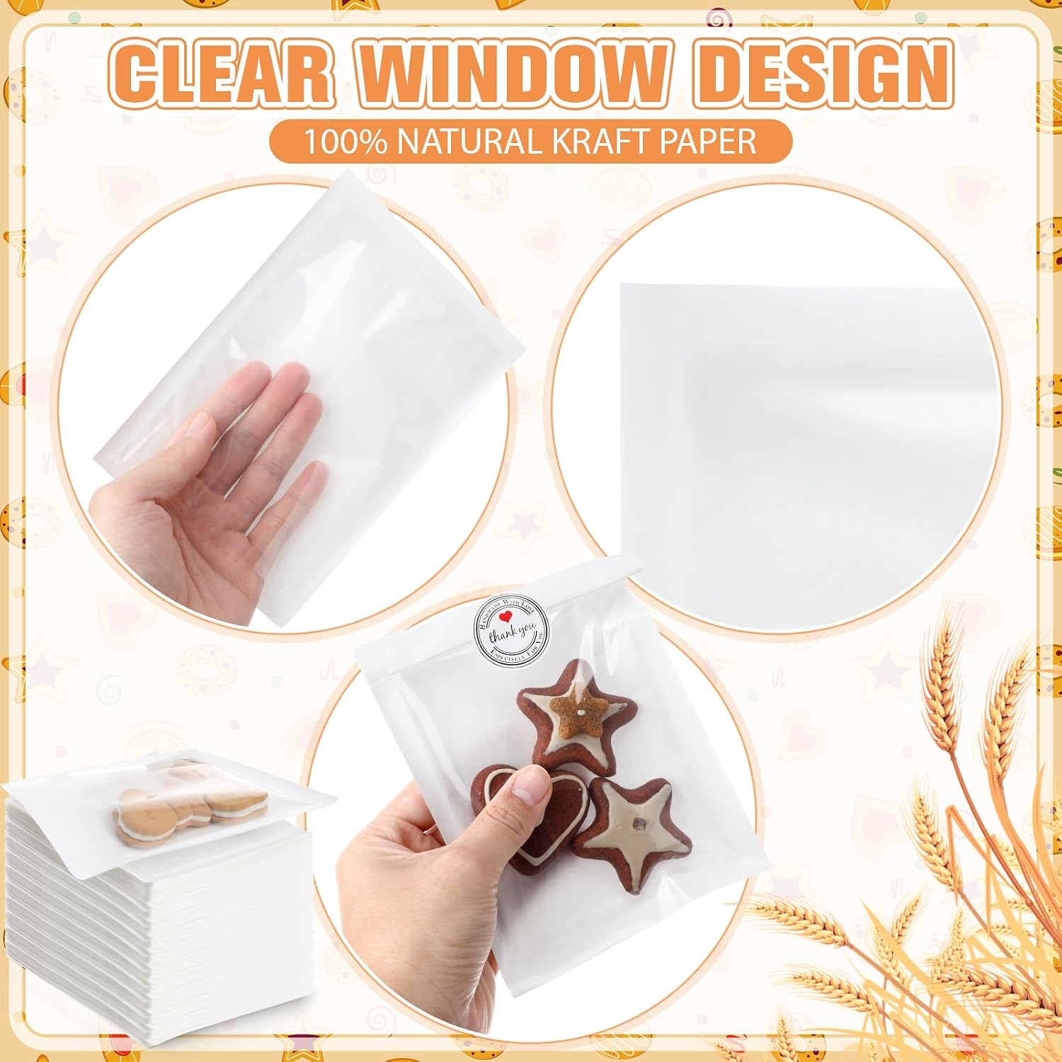 Fullhawl 180 Pcs White Heat Sealable Bakery Cookie Bags with Window