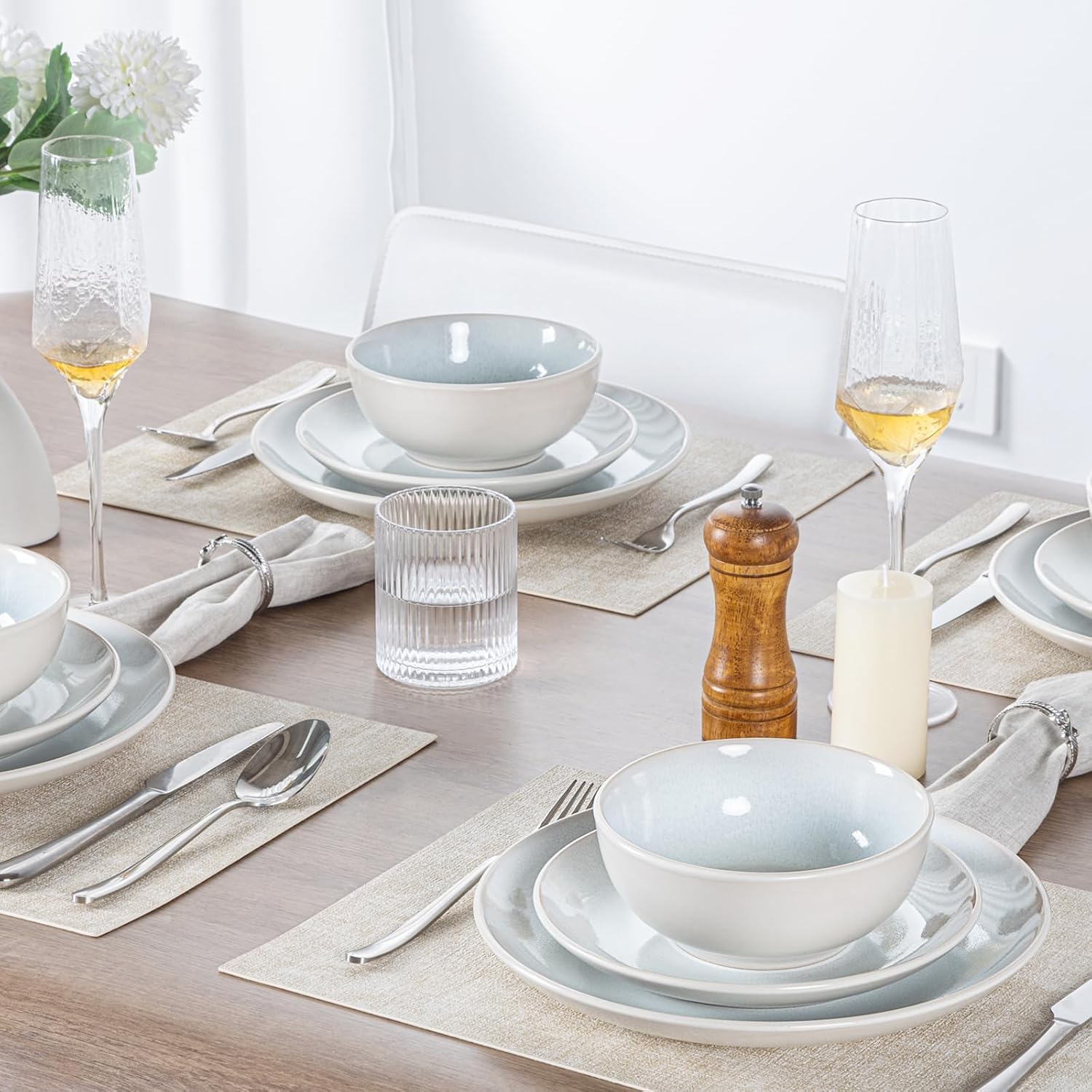 Plates and Bowls Sets for 4 - CJDC-QUELO 16-Piece Stoneware Dinnerware Sets, Ceramic Dishware Set for Kitchen Use and Formal Dining, Chip and Scratch Resistant Microwave Dishwasher Safe, Off White - Image 6