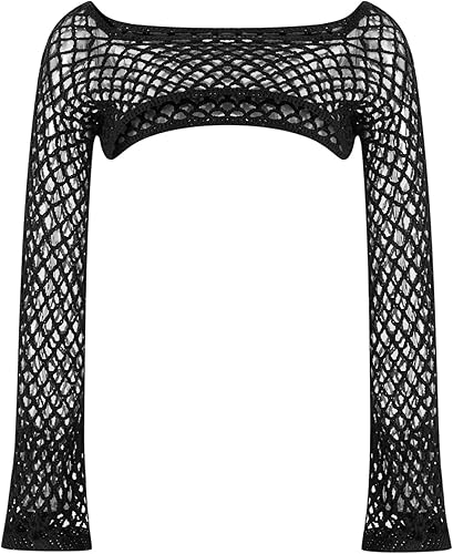 Miniatura 7 de Blusa corta de malla para mujer manga larga sexy delgada transparente con malla transparente para discoteca