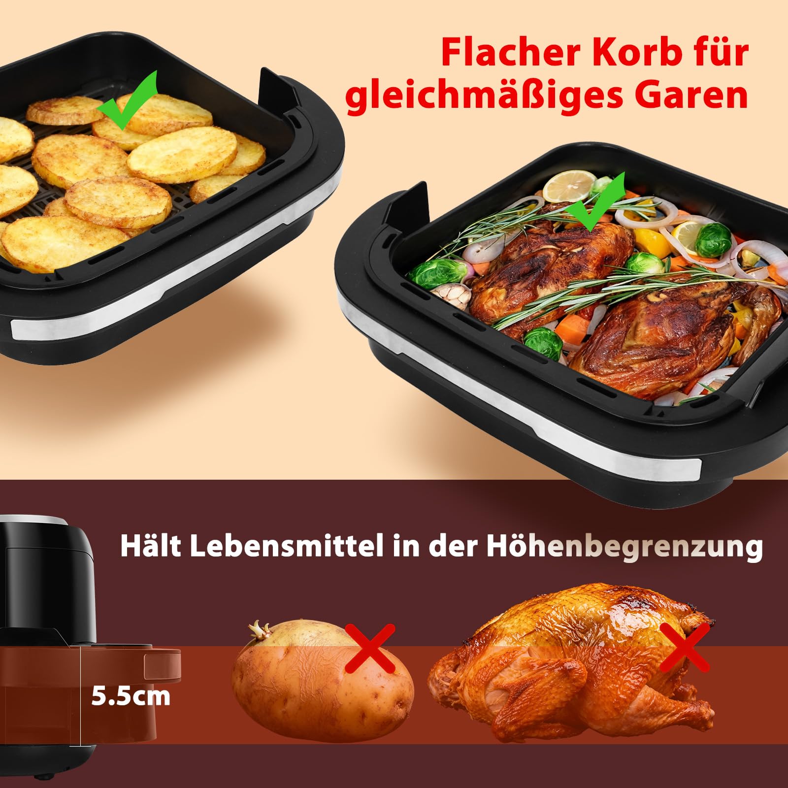 Aigostar Heißluftfritteuse mit XL 745 cm² Garfläche (27.3 * 27.3cm), leiser Extra-Crisp Technologie, Pizzafunktion, Doppelheizung, Sichtfenster, 11 Programmen, Touchscreen, Metall-Innenraum, Schwarz