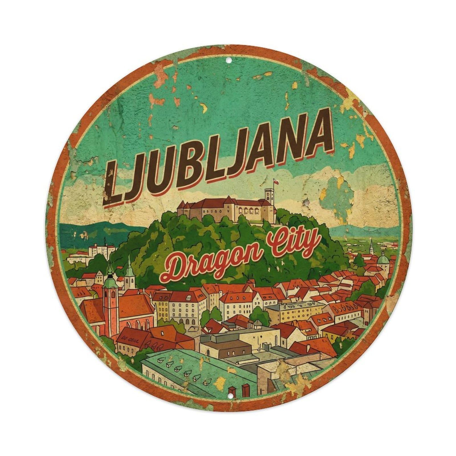 Vintage Travel Ljubljana Slovenia Metal Tin Sign Plaque Wall Decor for Cafe, Club Bar, Office, Home Garden Round Metal Poster 8x8Inch