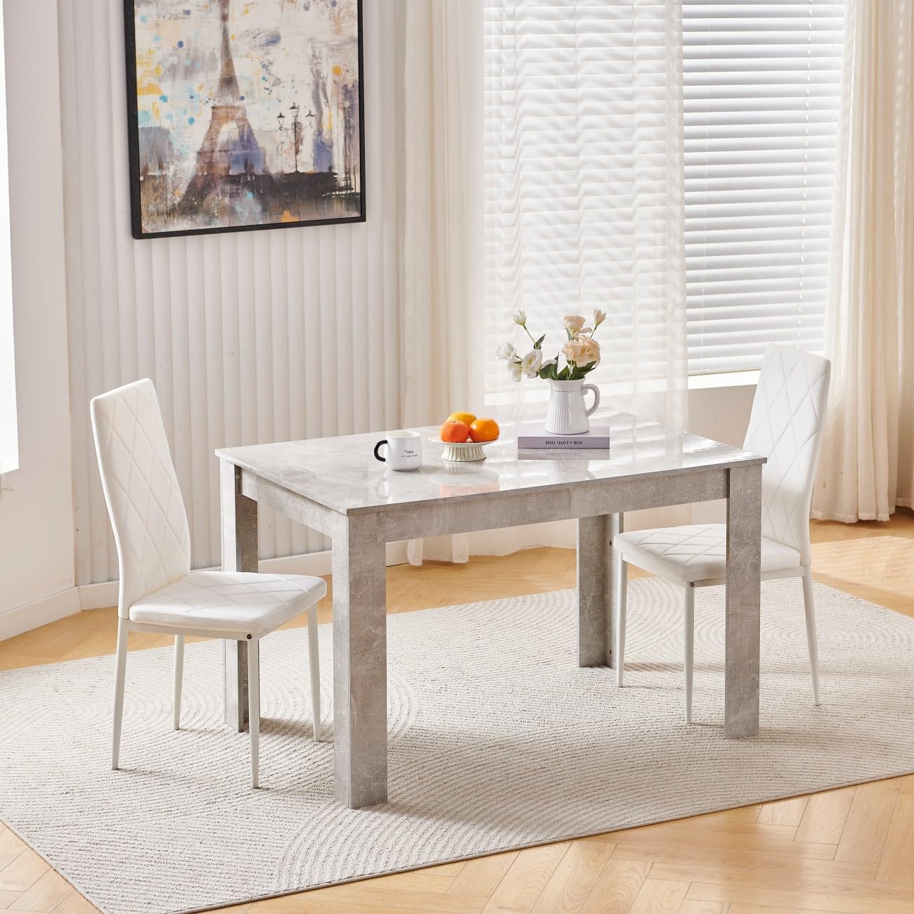 Homullel 120cm Glossing Dining Table and 2 Chairs, 2 Seater Kitchen Table and Chairs Set for Space Saving, Compact Dining Room Set for 2, 120x80 cm, Wooden, Beton Grey (2 Seaters, Flannel White#2)
