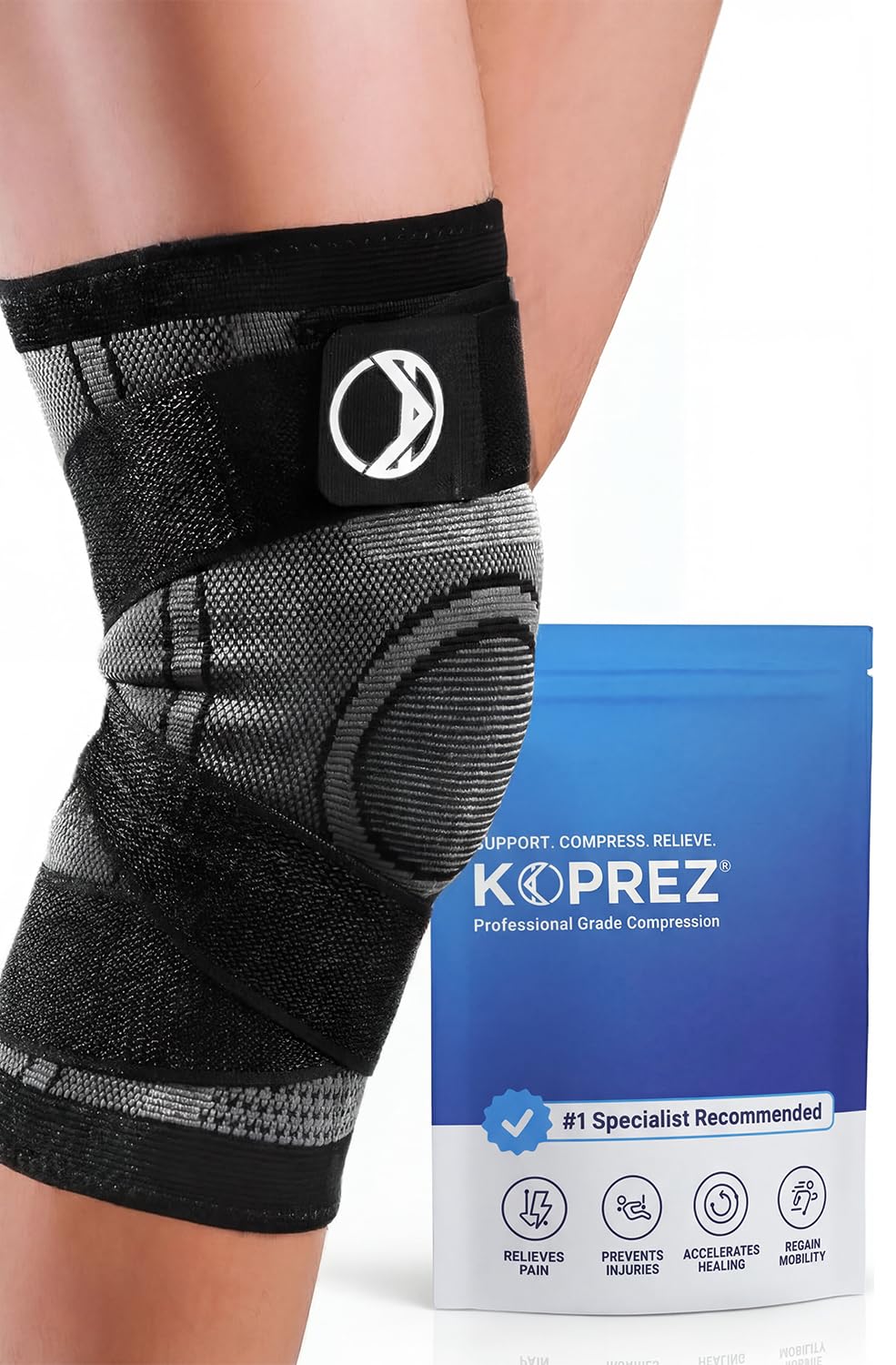 Koprez Manga unisex de compresión de rodilla, extra grande, negro, par