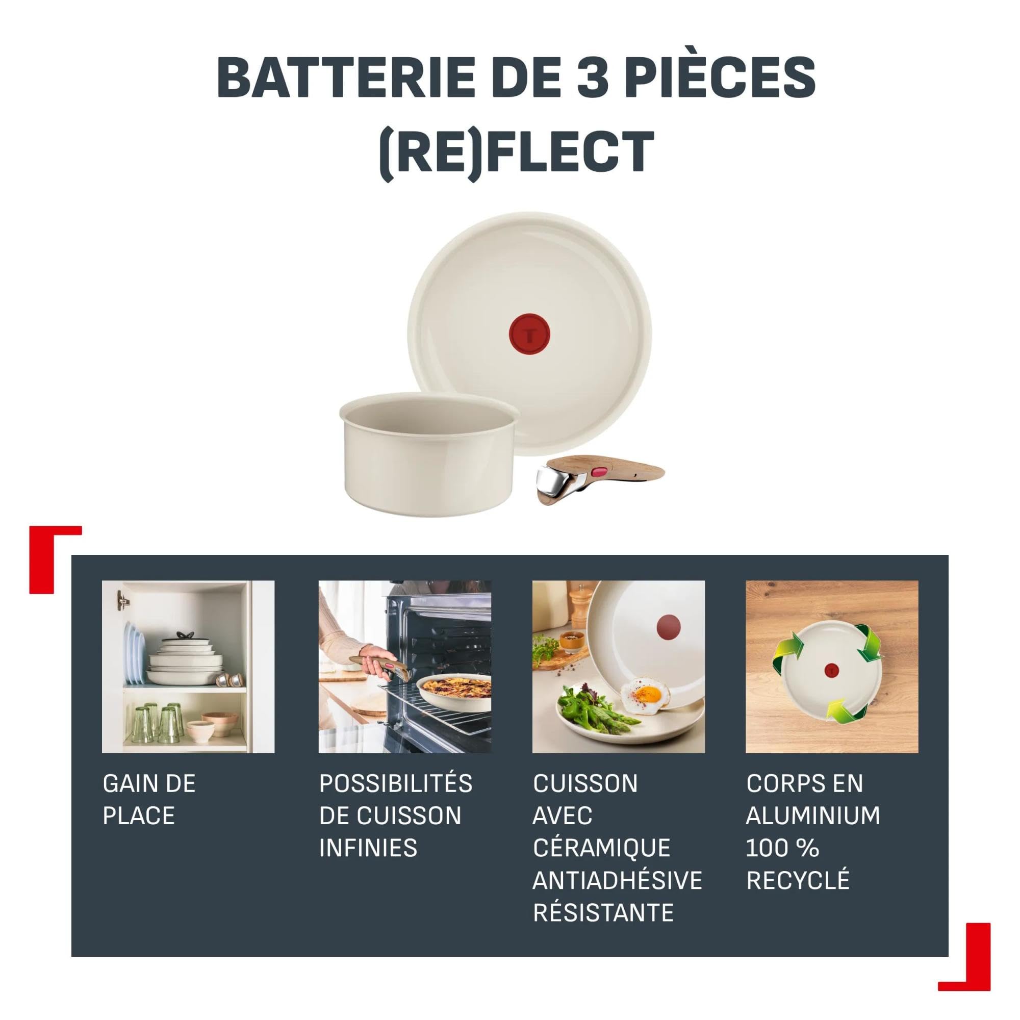 Tefal (Re) flect, Batterie de cuisine 3 pièces, Poêles et casseroles empilables, Poignée amovible, Céramique antiadhésive, L3699202
