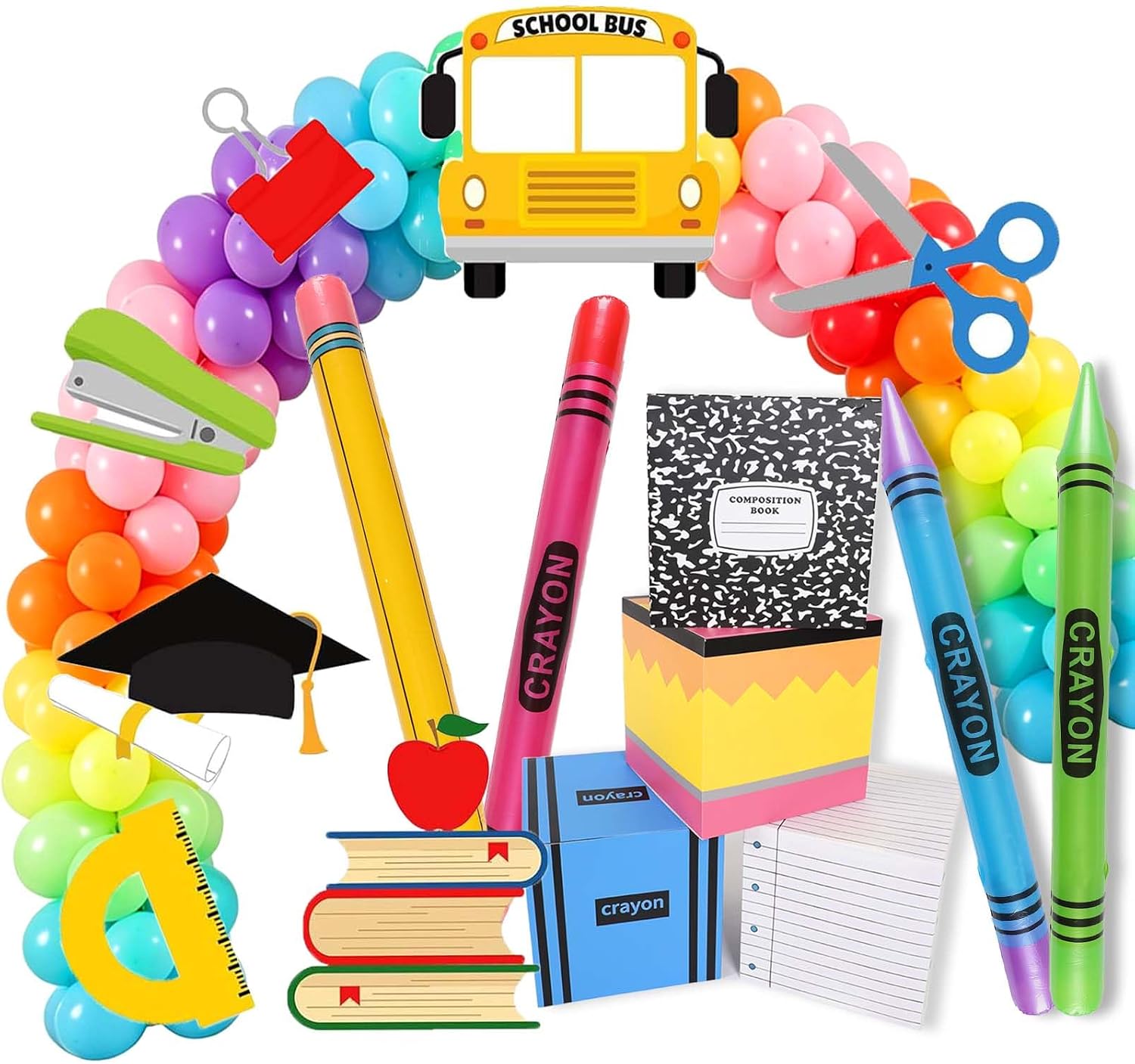 115Pcs Back to School Party Decorations, 4 Balloon Box, 4 Large Inflatable Pencil Crayon Balloons, 7 School Themed Cards, 100 Latex Balloons for Graduate First Day of School Classroom Party Decor