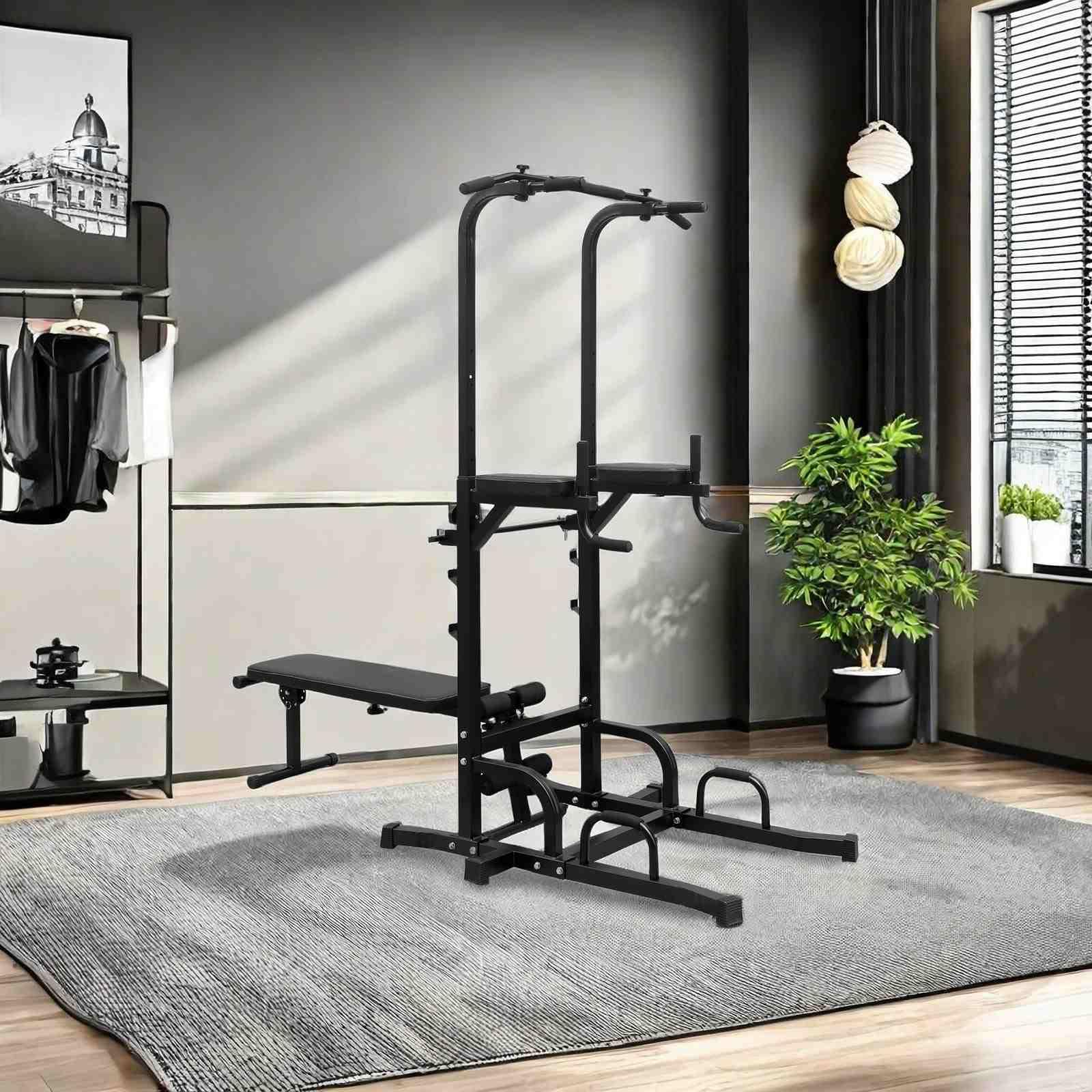 FRITHJILL Multifunctional Power Tower with Adjustable Bench, Dip Station, Pull-Up Bar for Strength Training, Space-Saving Design for Home Gym, 440 Lbs Capacity