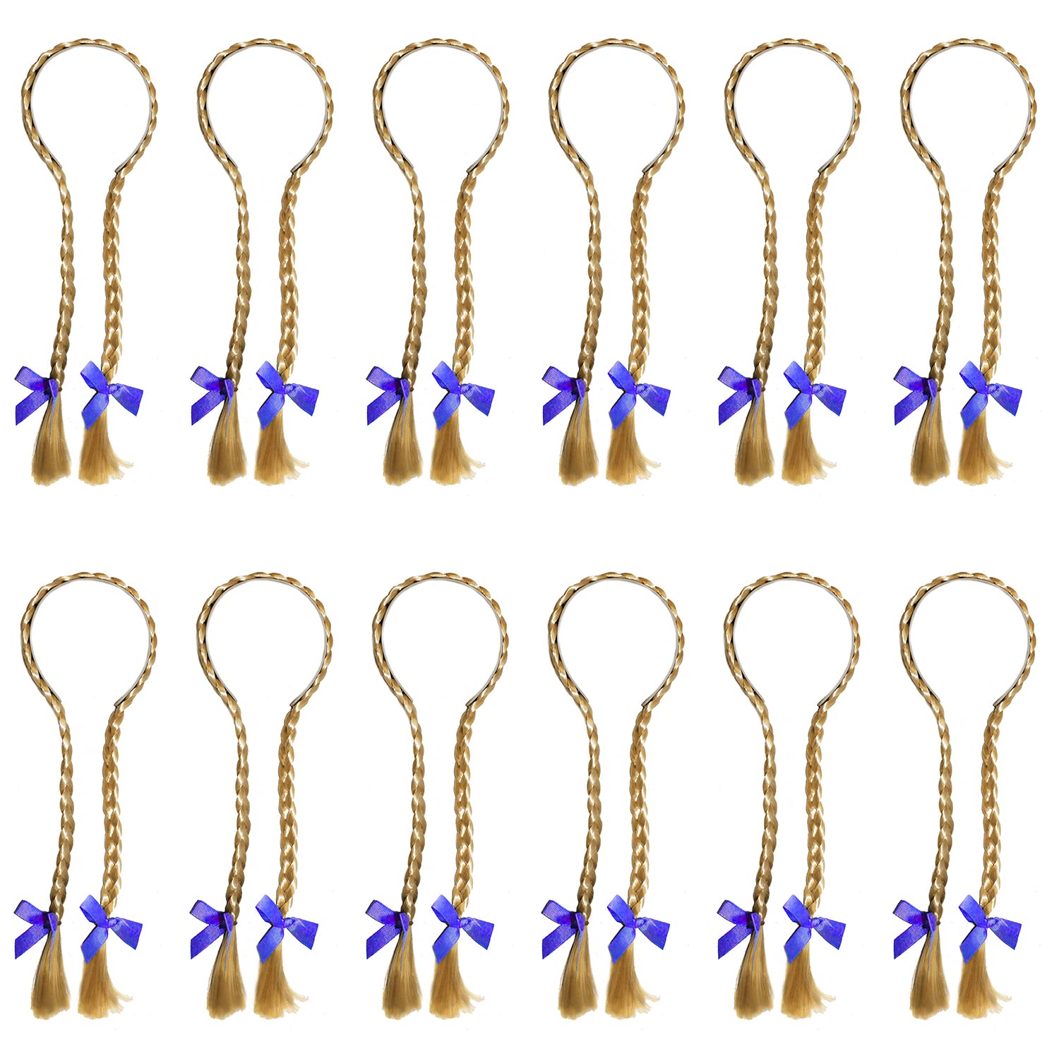 Oktoberfest Hair Plaits - Pack of 12 - Blonde Hair Plaits with Blue Bows on a Headband - Ladies Bavarian German Fancy Dress Accessory