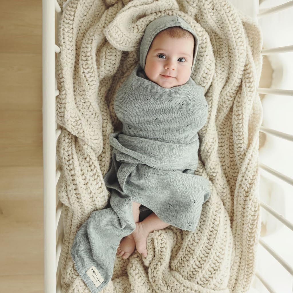 Baby Gift Set – Organic Cotton Newborn Blanket Essentials, Newborn Baby Boy Gifts, Baby Boy Baptism Gifts (Pointelle – Powder Blue)