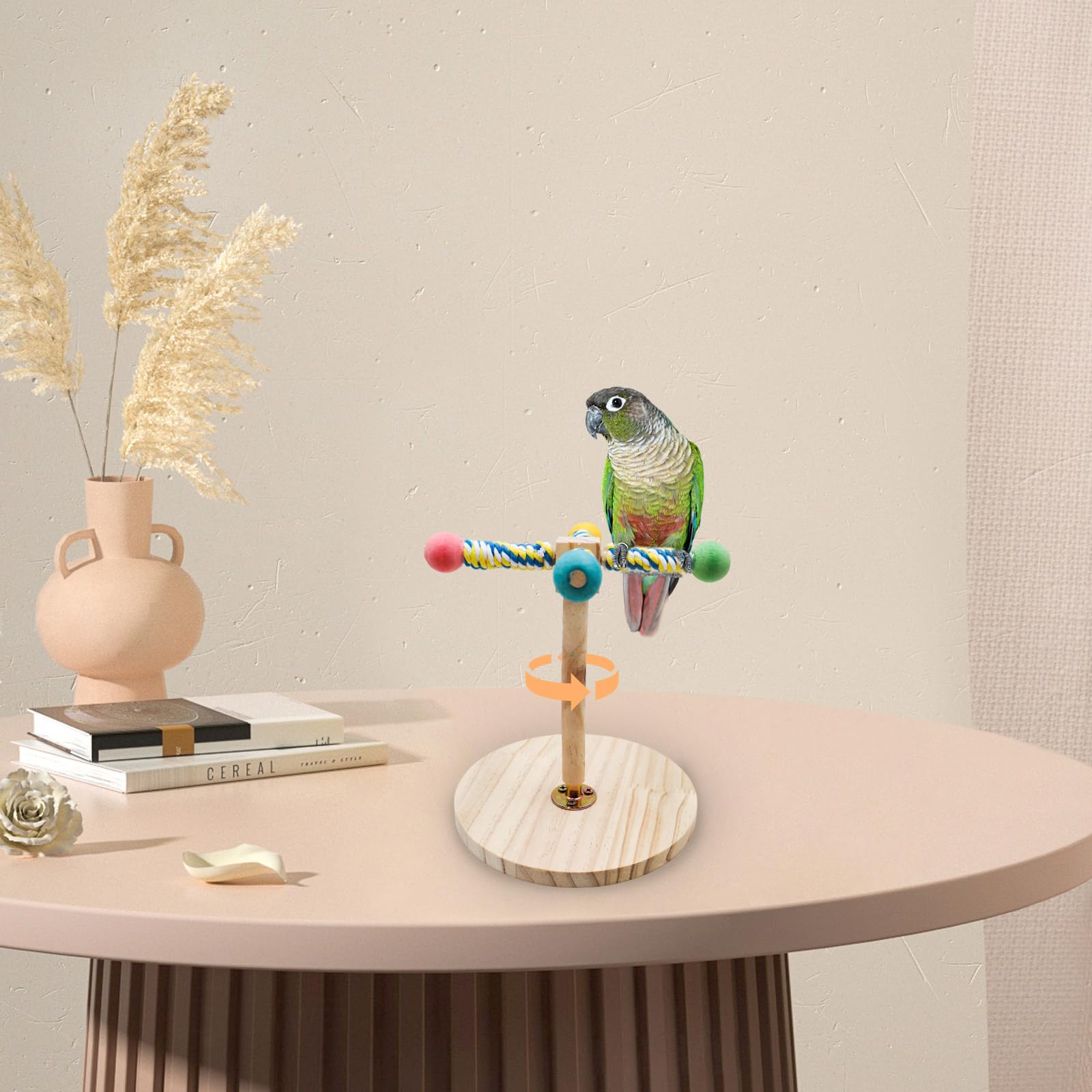 Perchoir rotatif en bois interactif avec base pour perruches, calopsittes, inséparables, canaris, conures, pinsons, perroquets, autres petits oiseaux