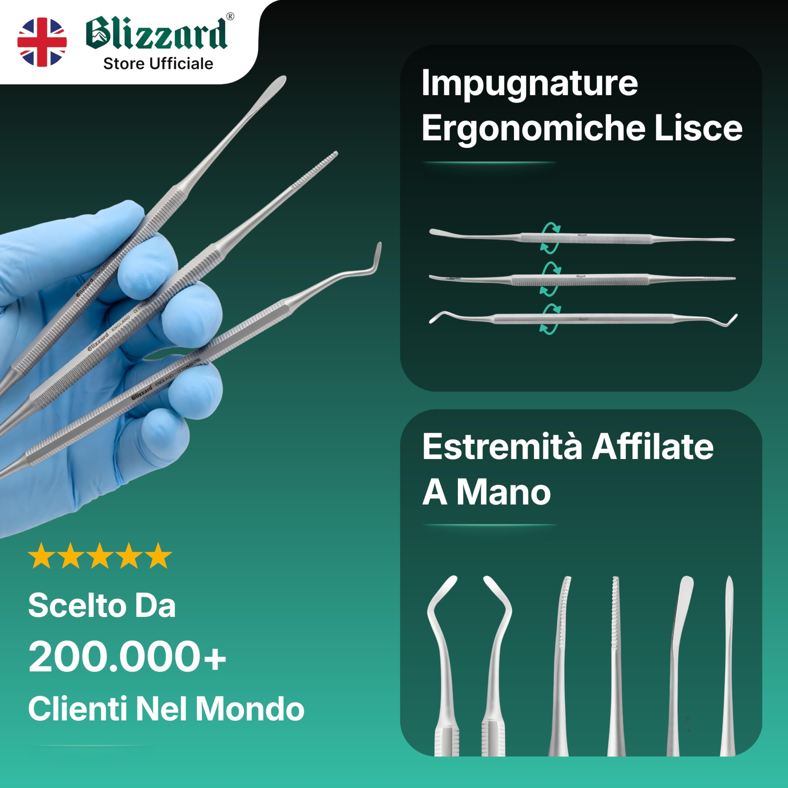 Blizzard Kit Pedicure Professionale 3 Pezzi — Ferri da Podologo per Unghie Incarnite — Set Podologia con Lima, Pulitore e Sollevatore — Acciaio Inox — Per Anziani e Uomo