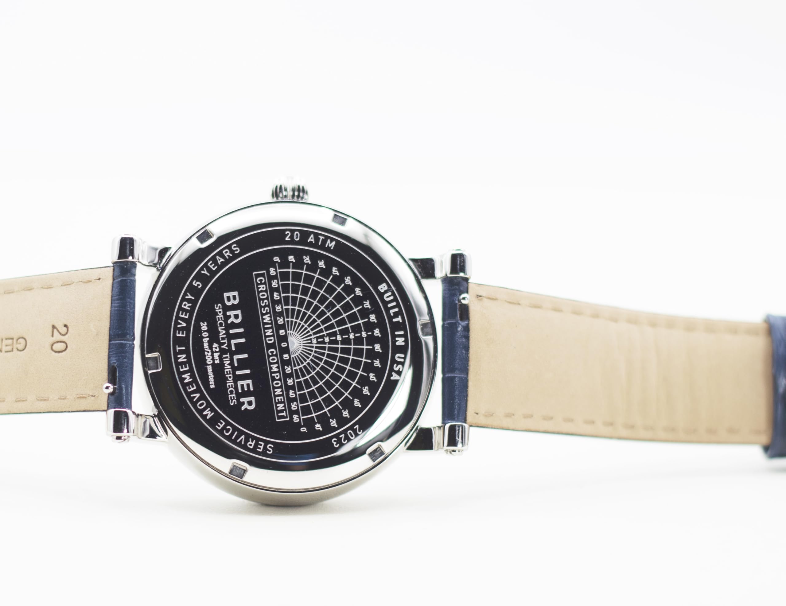 Brillier Men's 42 mm Automatic Dress Watch, Airborne X1, 660 ft WR, Easy to Read White DIAL(Green Glow in Dark), Blue Leather Strap ARBN42GR3