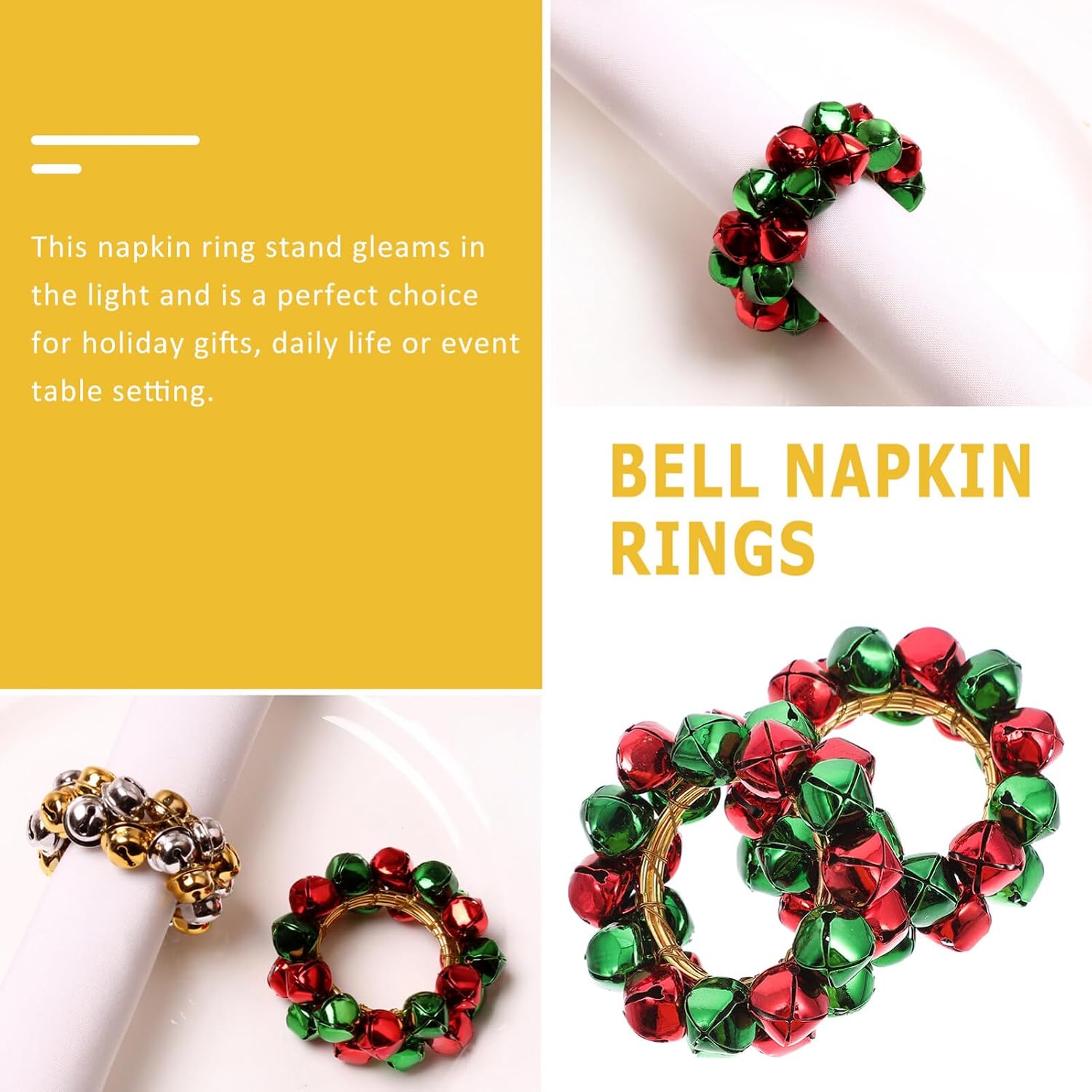 4pcs Christmas Bell Napkin Ring, Red and Green Jingle Bell Wreath Napkin Ring for Christmas Holiday Party Wedding Dinner Table Decor, Red+Green