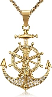 18K Gold Plated Lord Jesus with Vintage Nautical Anchor Pendant Stainless Steel Necklace for Men, 24 Inch Chain Crucifix Cross Catholic Christian Jewelry Gift