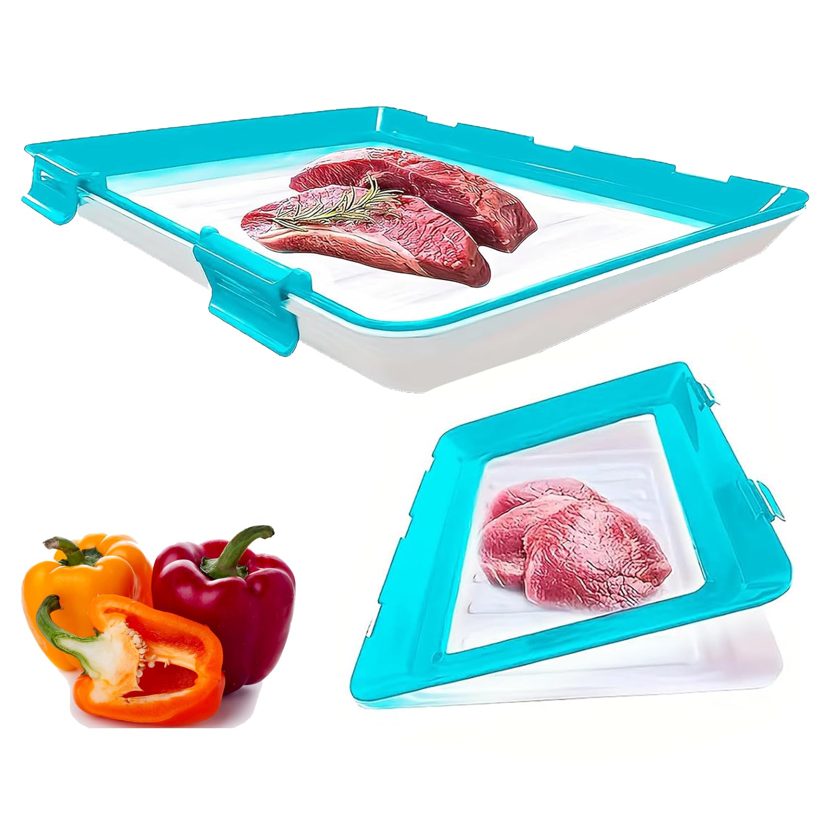 Vacuum Seal Food Storage Tray – Stackable Reusable Fresh Container with Buckle & Stretch Lid, BPA-Free Fridge Saver – 30×23cm, 1/2/3/4-Pack Options (Blue 1-pack)
