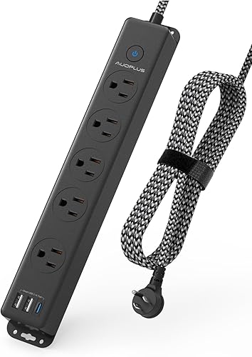 Regleta protectora de sobretensiones con puertos USB C, cable de extensión trenzado de 5 pies, 5 salidas y 3 puertos USB (1 USB C), regletas de