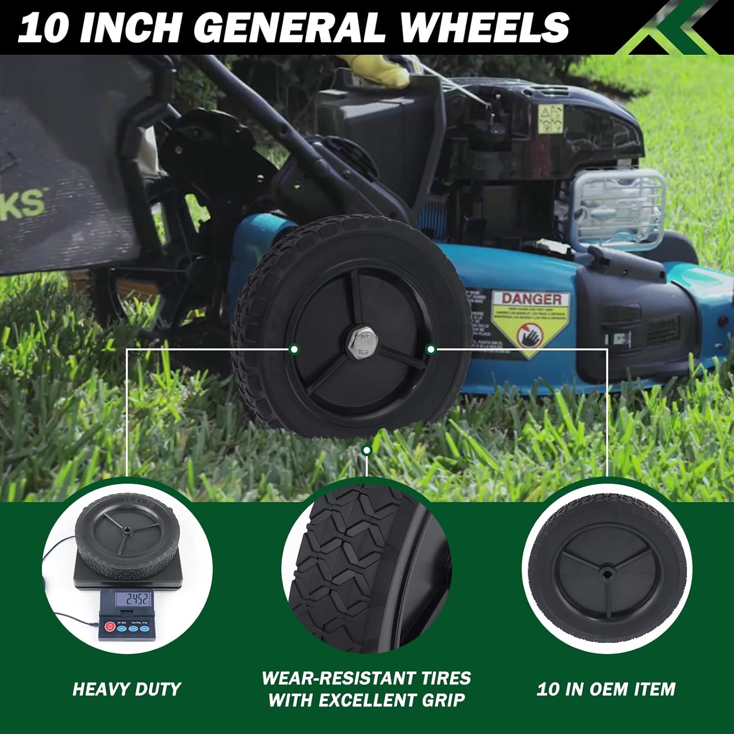 CheeMuii 4 Pcs 10 Inch Lawn Mower Wheels 10" Black General Wheels Replace for Oregon 72-110 Compatible with Craftsman/AYP/MTD Push Lawnmower, Hand Truck, BBQ Grill Wheel, etc
