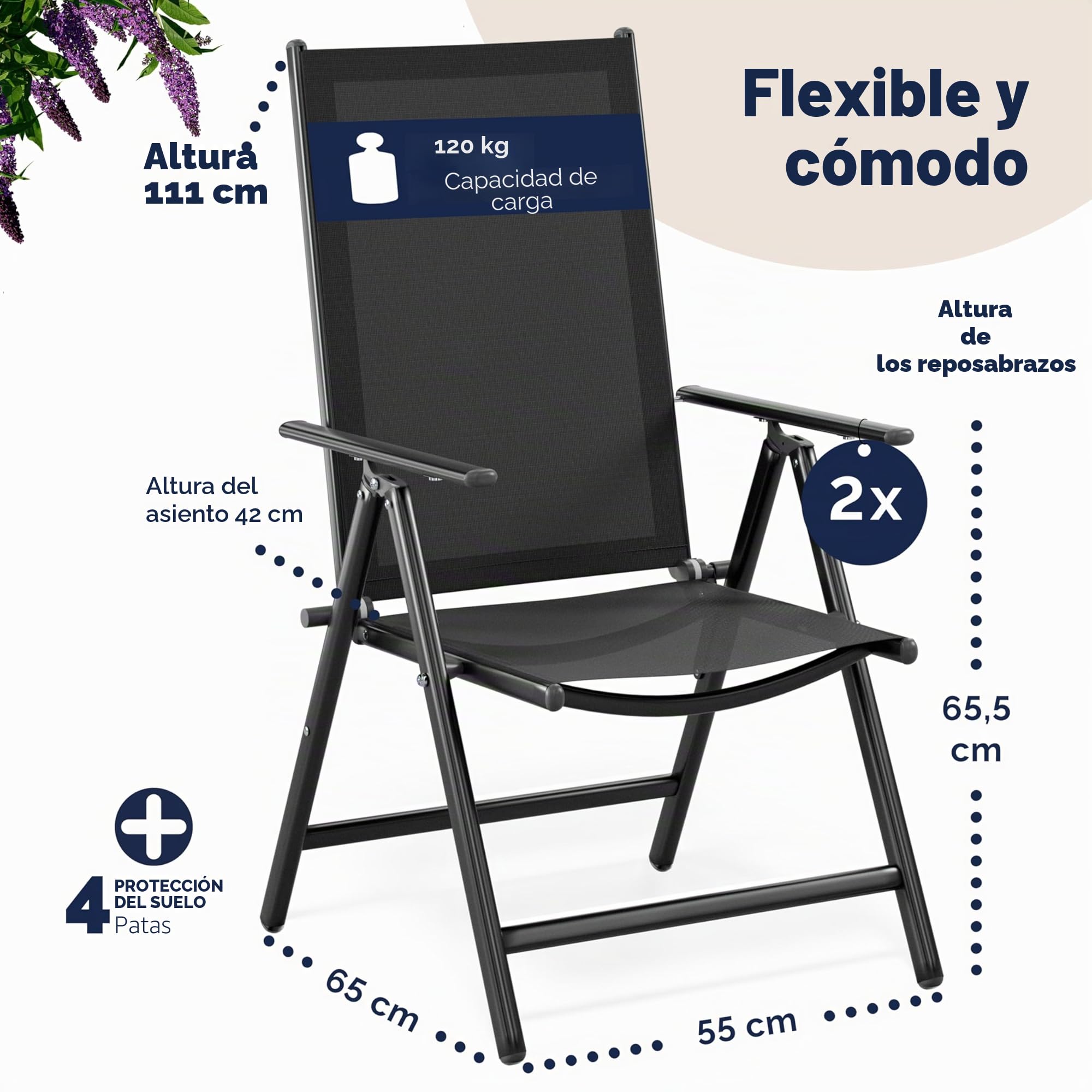 CASARIA® Sillas de Jardín Plegables Set de 2 Respaldo Alto Ajustable en 8 Posiciones Reclinables Aluminio Resistentes Intemperie Carga 120Kg Estables Exterior Terraza Balcón