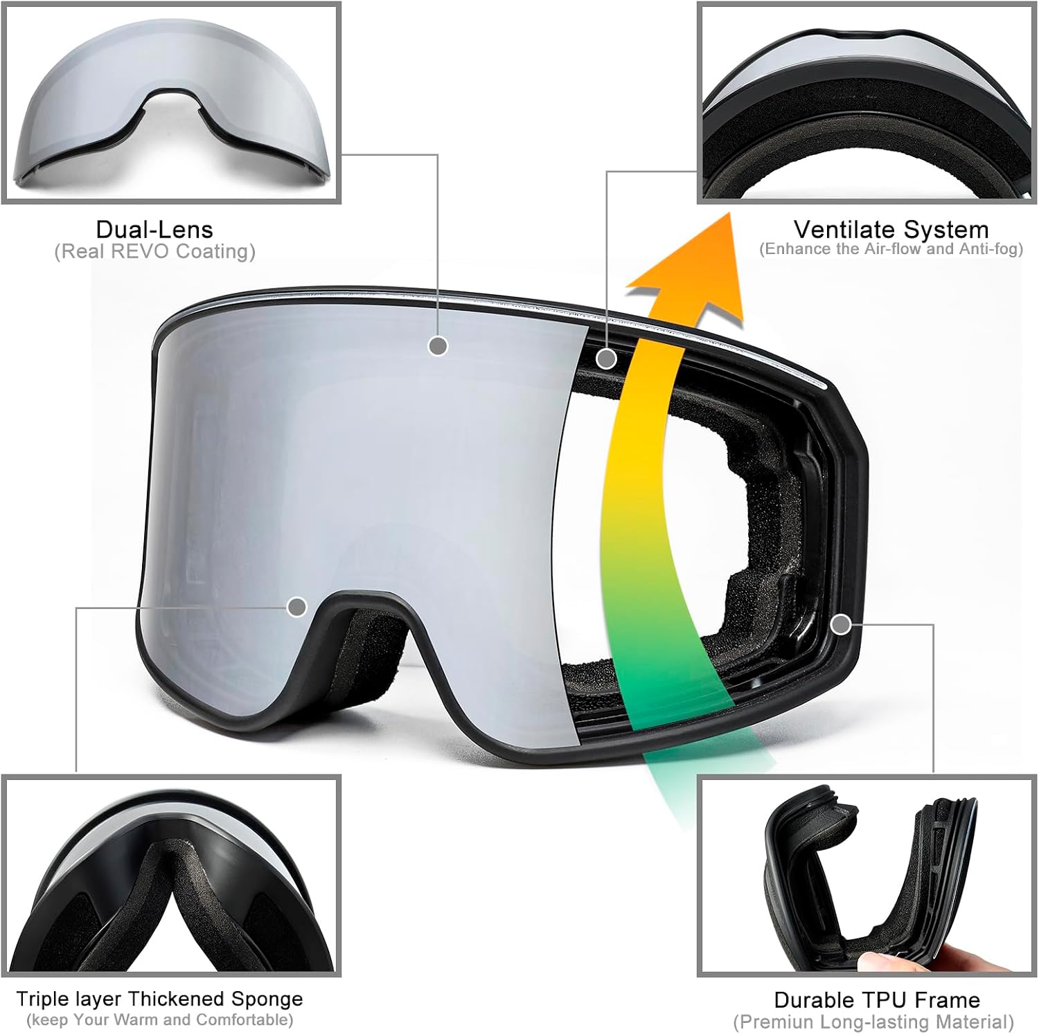 AVV OTG Ski Goggles Anti Fog UV400 Protection - Helmet Compatible for Men Women Youth Snow Sports