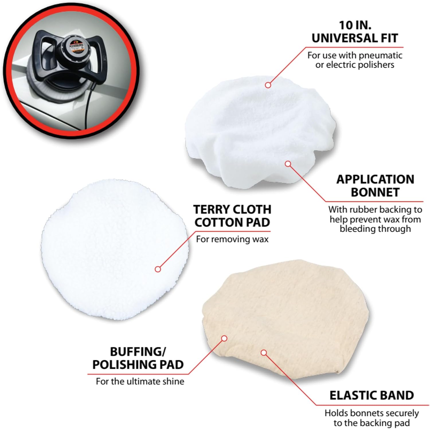 Performance Tool W50056 3-Piece Bonnet Set for Polishing, Application, and Removal - Compatible with Most Polishers