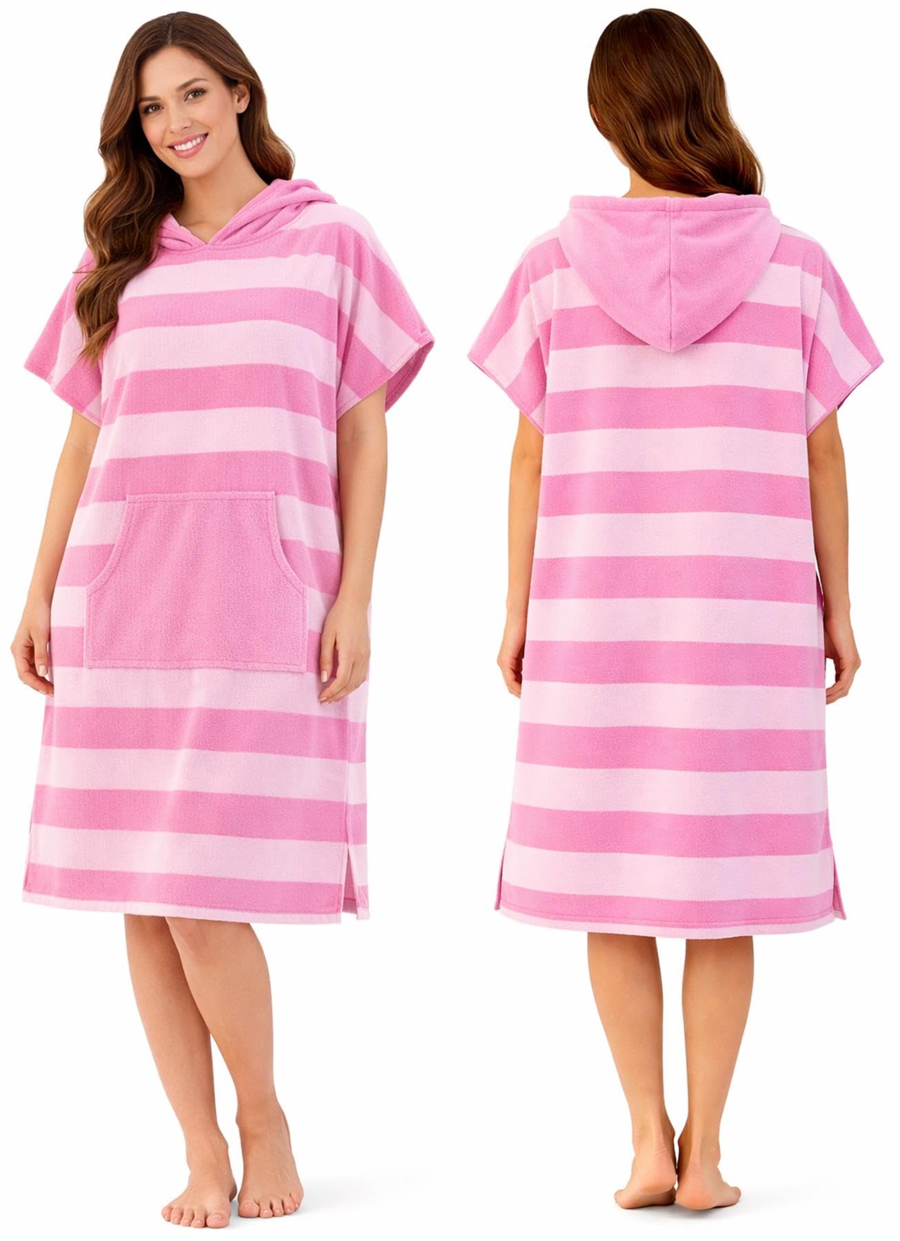 Adore Microfibre Changing Robe Poncho - Quick Dry Hooded Surf Poncho Towel - Lightweight Beach & Swimming Changing Robe for Adults, L-XL, Pink Stripe